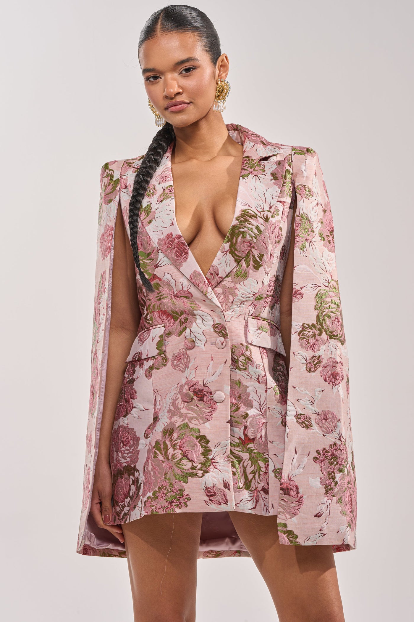 IMANI BROCADE CAPE SLEEVE BLAZER DRESS IN PINK