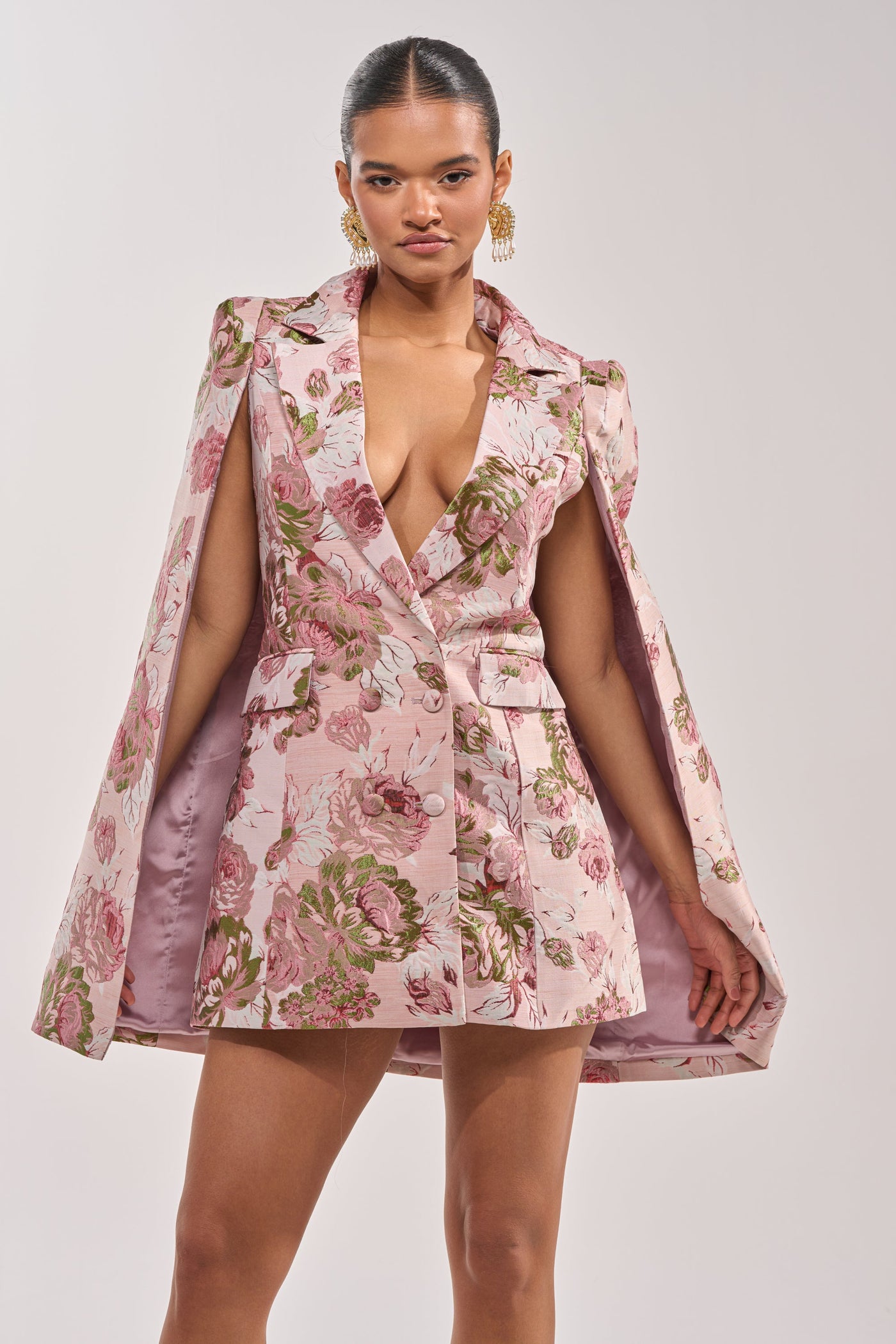 IMANI BROCADE CAPE SLEEVE BLAZER DRESS IN PINK
