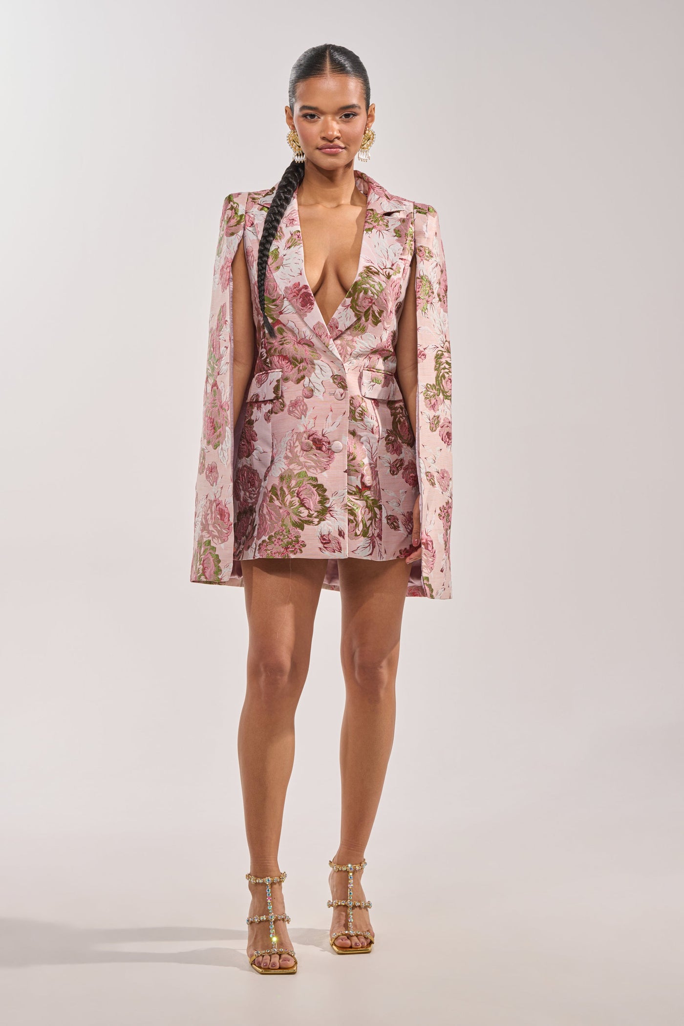 IMANI BROCADE CAPE SLEEVE BLAZER DRESS IN PINK