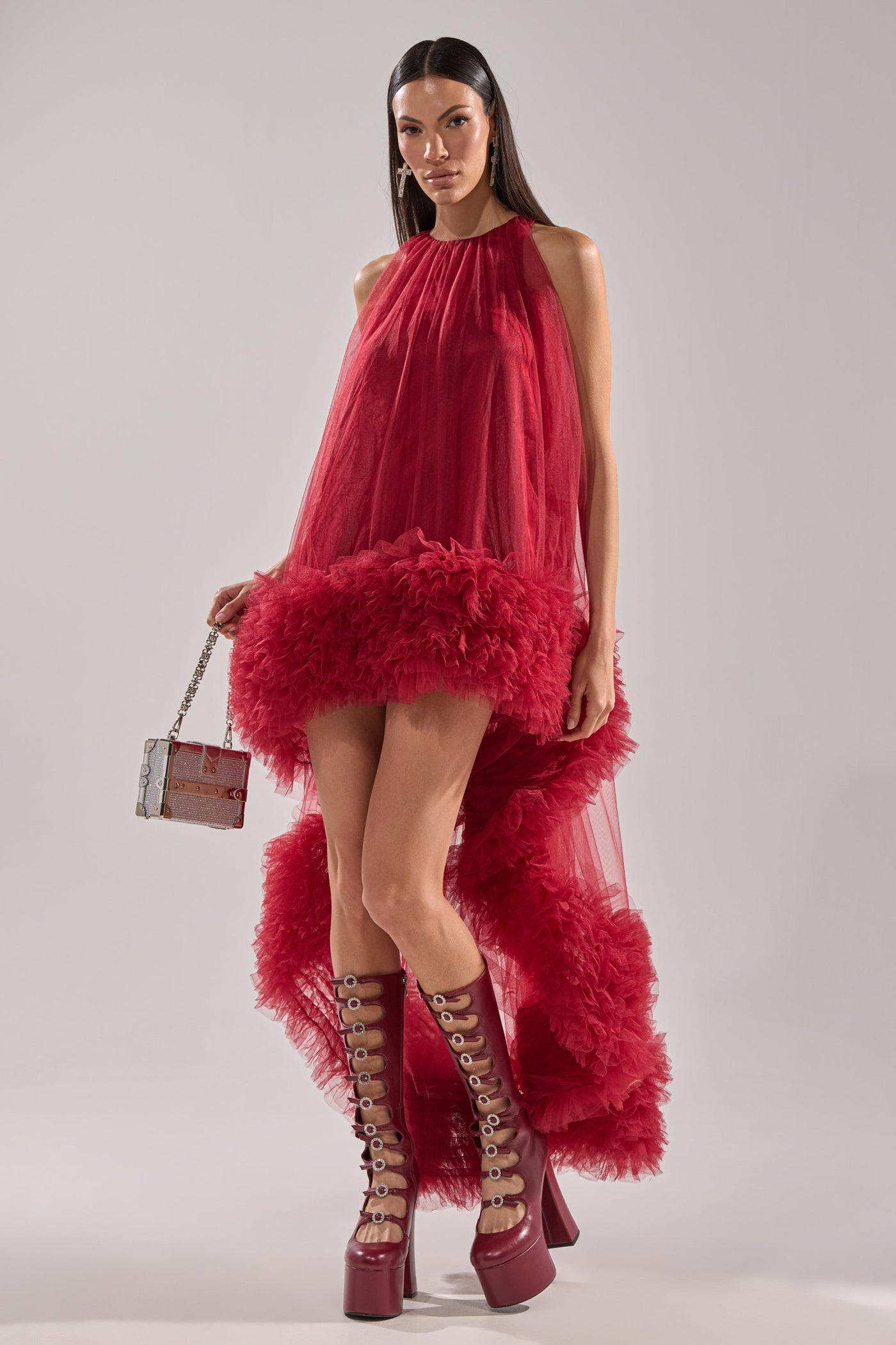 ARI TULLE HIGH LOW DRESS IN BURGUNDY