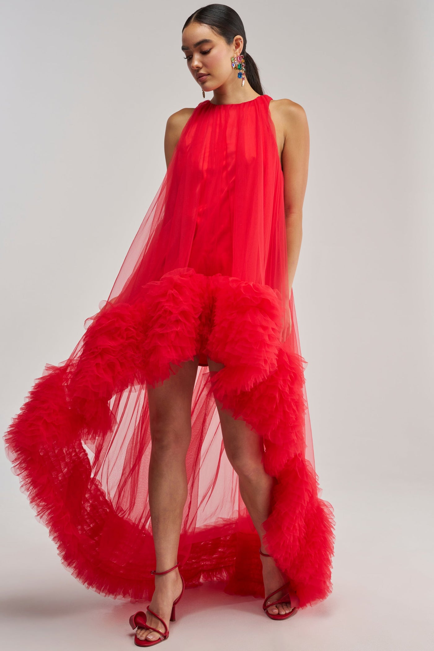 ARI TULLE RUFFLE HIGH LOW MINI DRESS IN RED