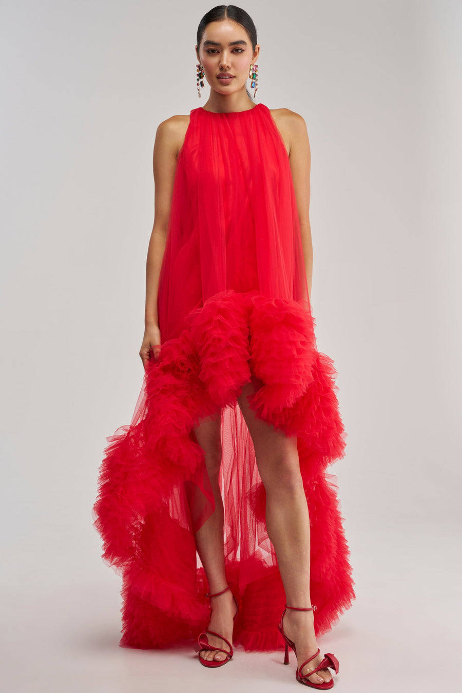 ARI TULLE RUFFLE HIGH LOW MINI DRESS IN RED