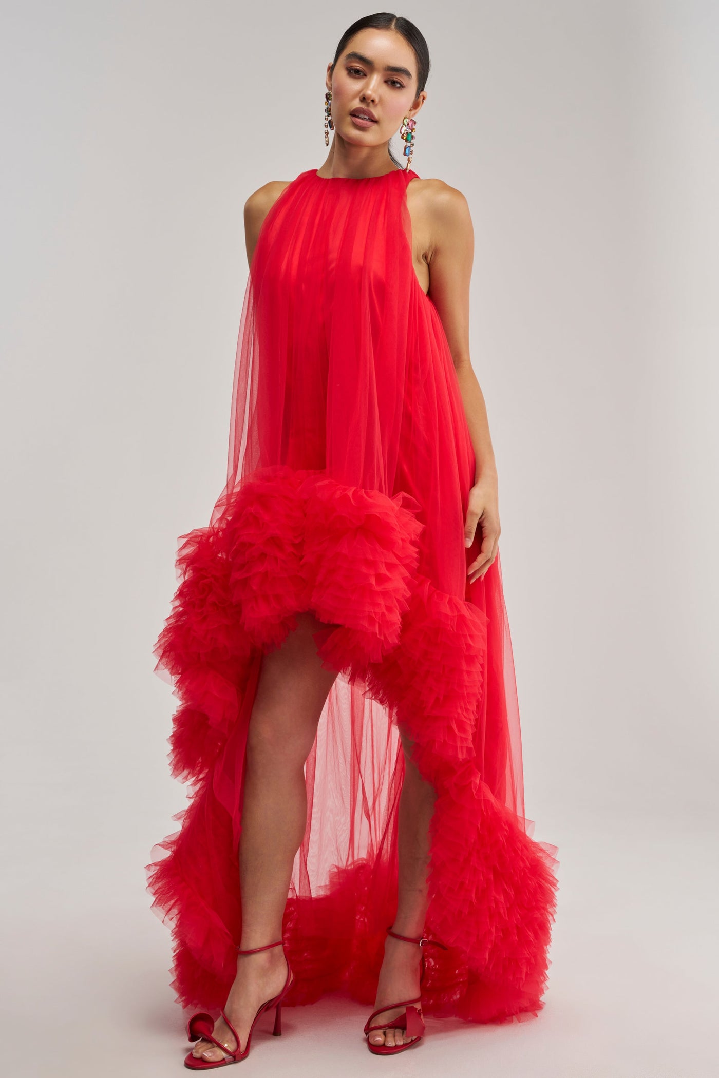 ARI TULLE RUFFLE HIGH LOW MINI DRESS IN RED