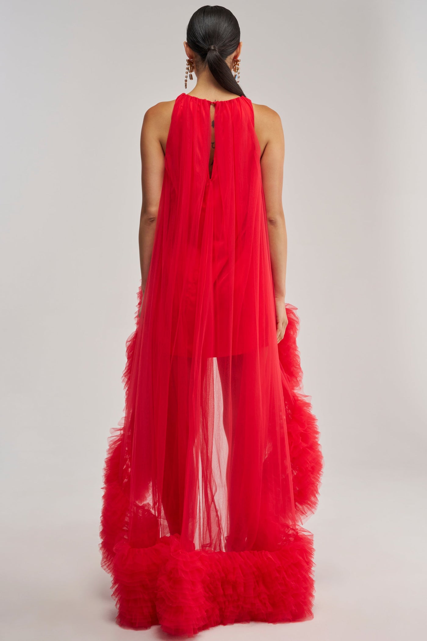ARI TULLE RUFFLE HIGH LOW MINI DRESS IN RED