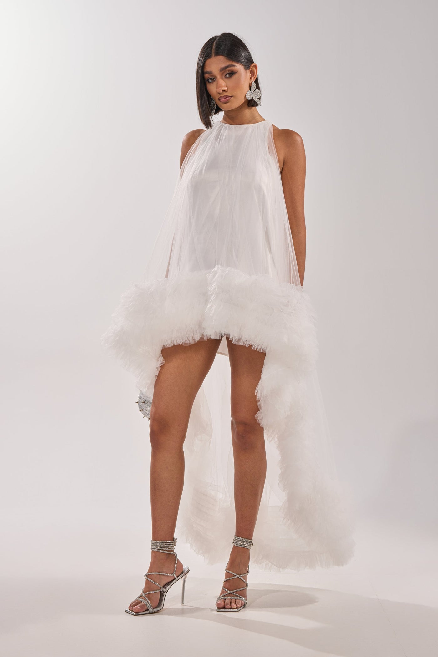 ARI TULLE RUFFLE HIGH LOW MINI DRESS IN WHITE