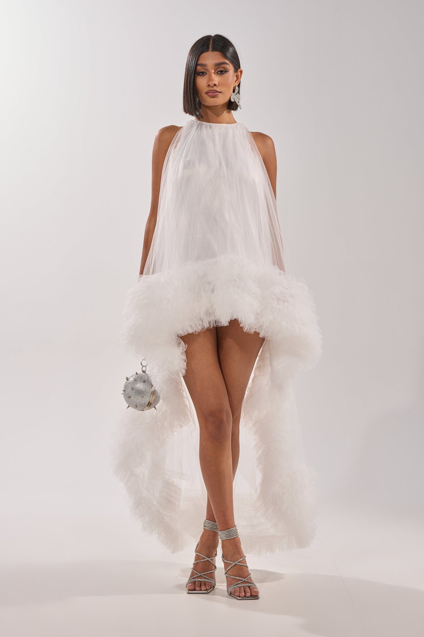 ARI TULLE RUFFLE HIGH LOW MINI DRESS IN WHITE