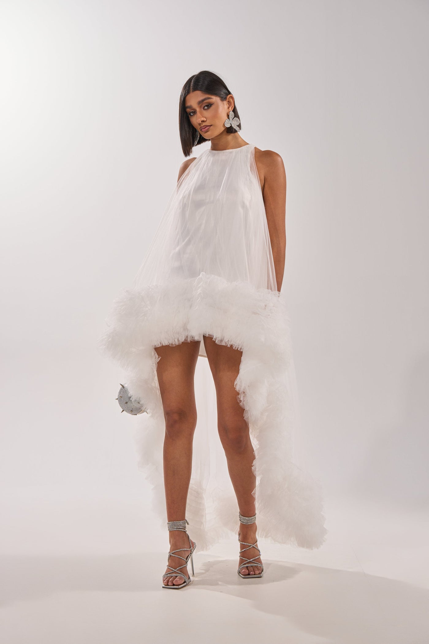 ARI TULLE RUFFLE HIGH LOW MINI DRESS IN WHITE