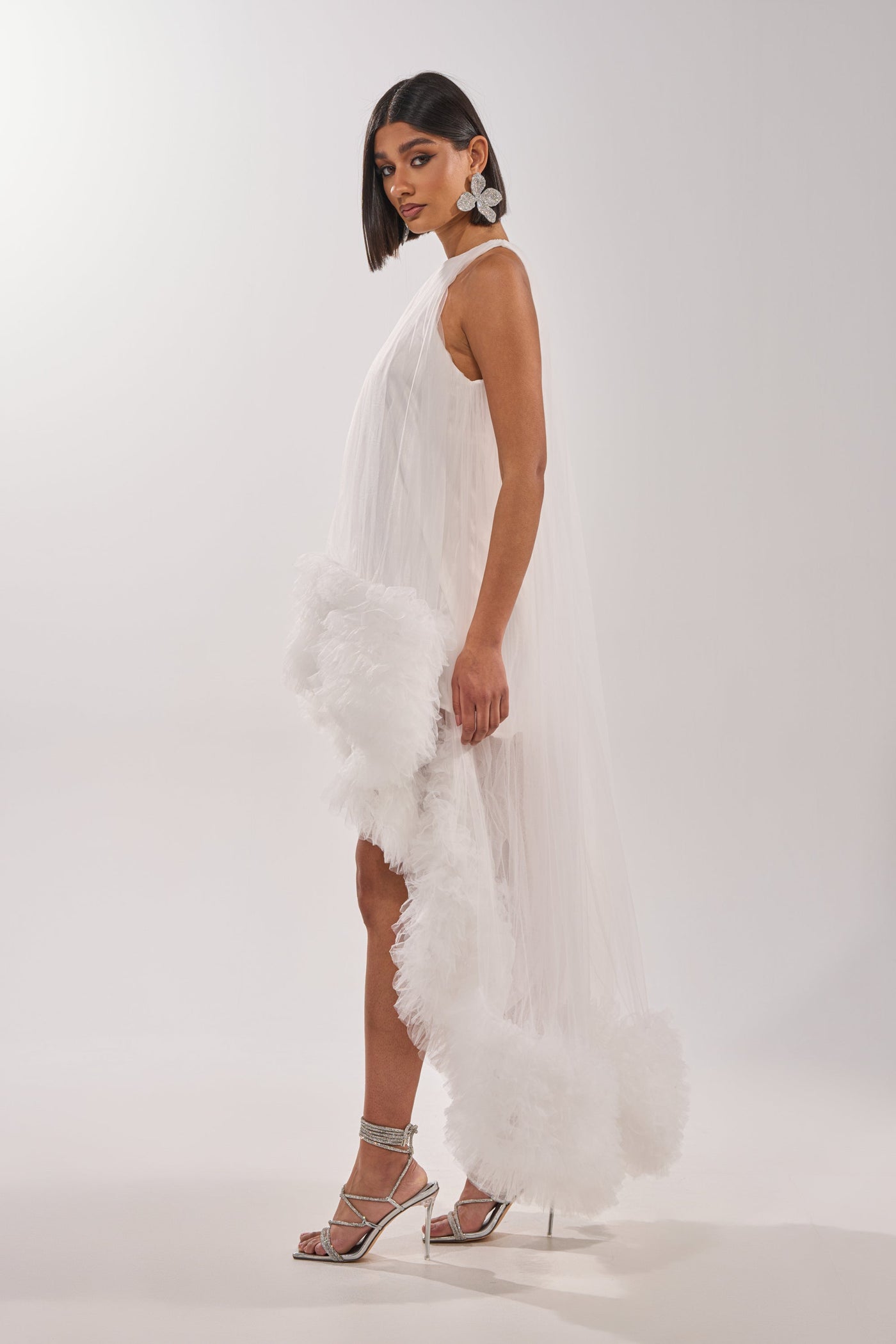 ARI TULLE RUFFLE HIGH LOW MINI DRESS IN WHITE