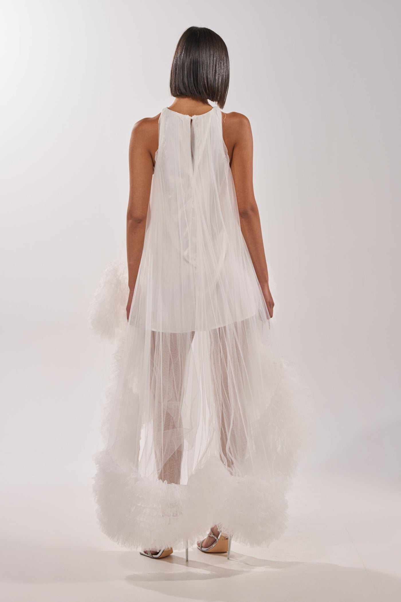 ARI TULLE RUFFLE HIGH LOW MINI DRESS IN WHITE