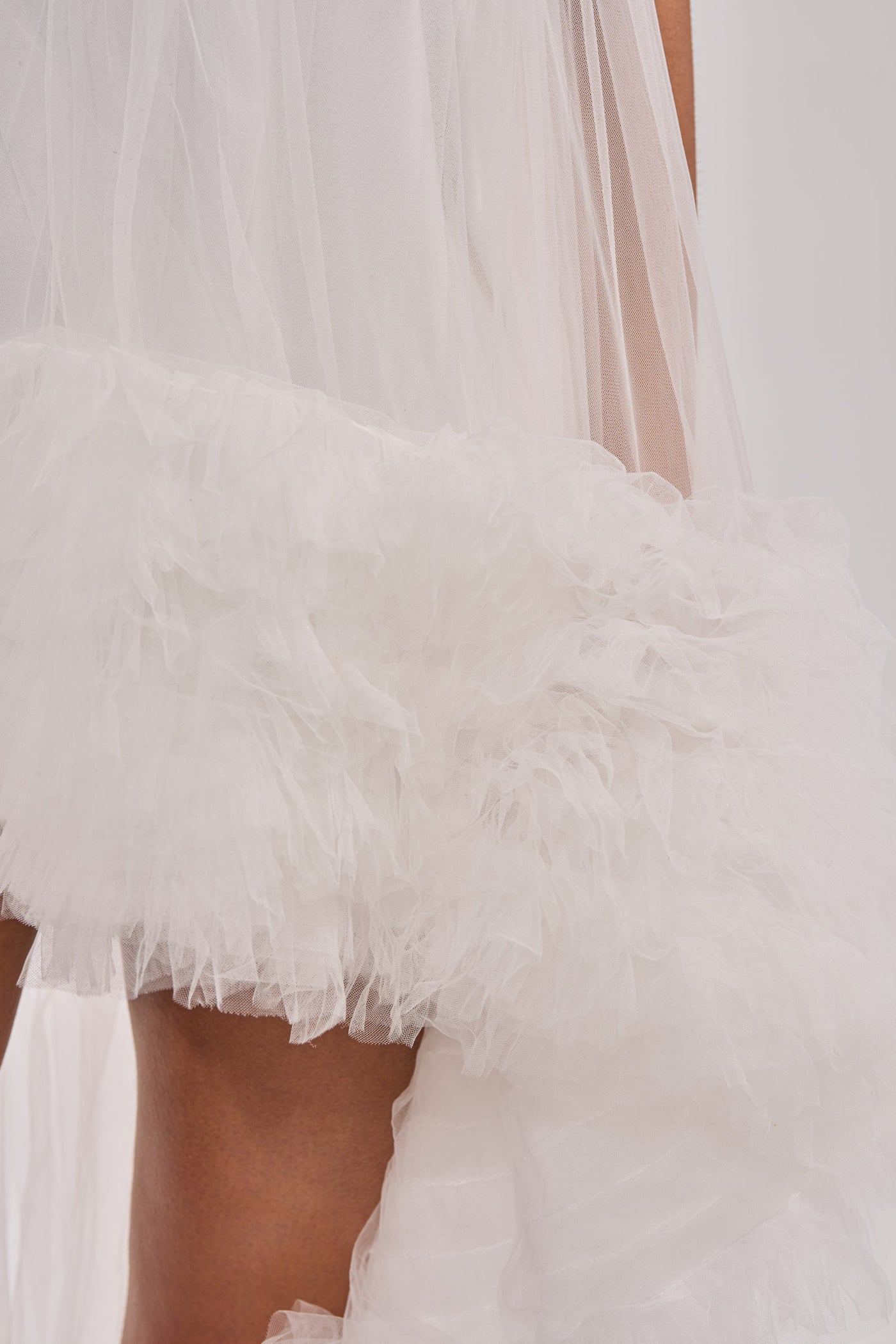 ARI TULLE RUFFLE HIGH LOW MINI DRESS IN WHITE