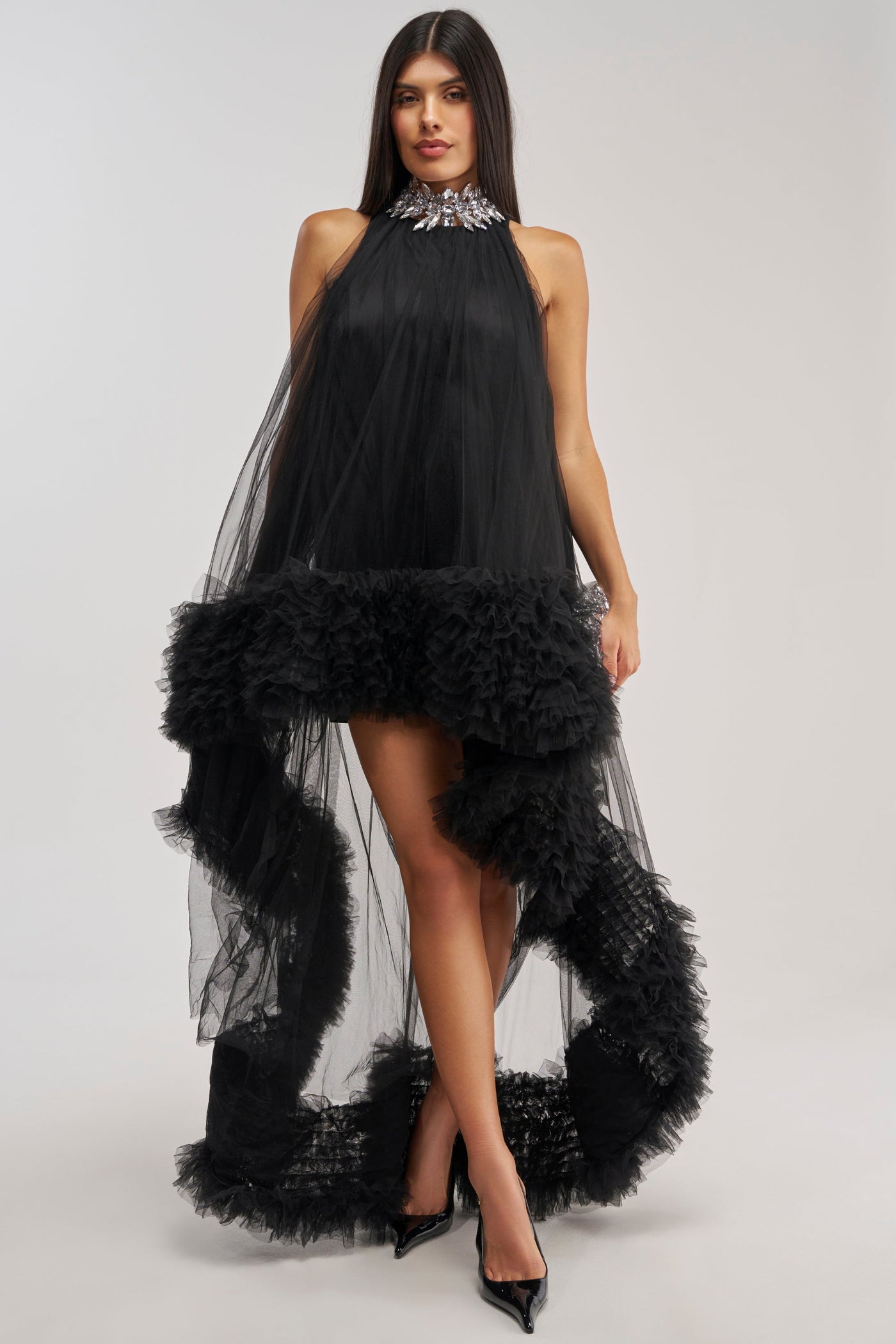 ARI TULLE RUFFLE HIGH LOW DRESS IN BLACK