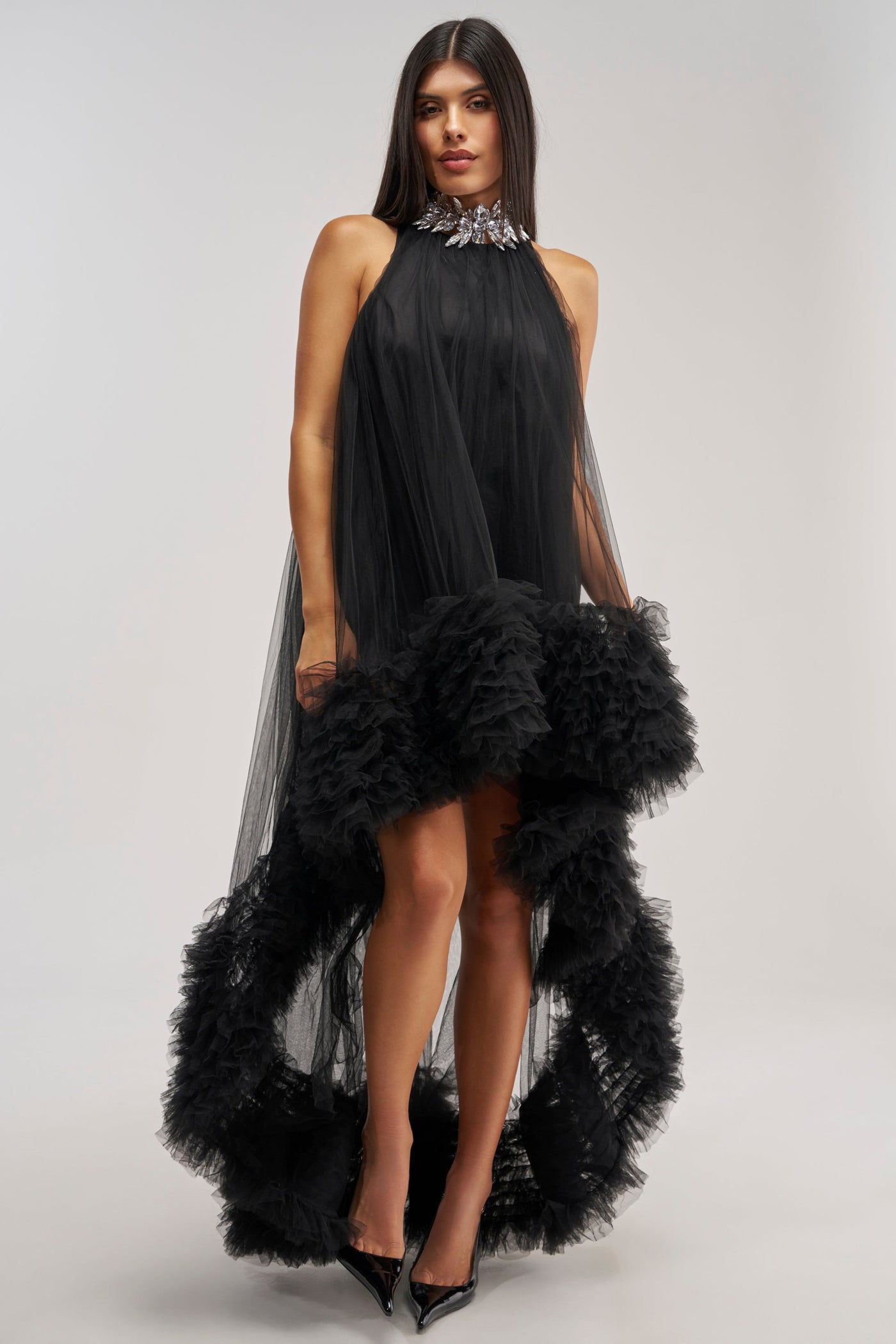 ARI TULLE RUFFLE HIGH LOW DRESS IN BLACK