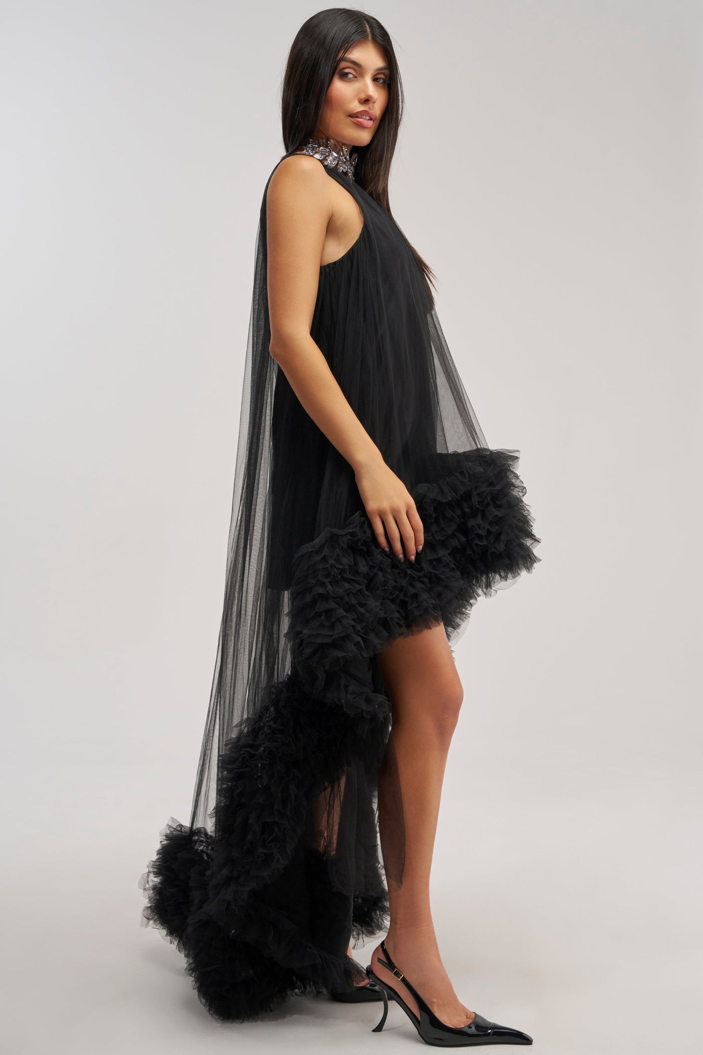 ARI TULLE RUFFLE HIGH LOW DRESS IN BLACK