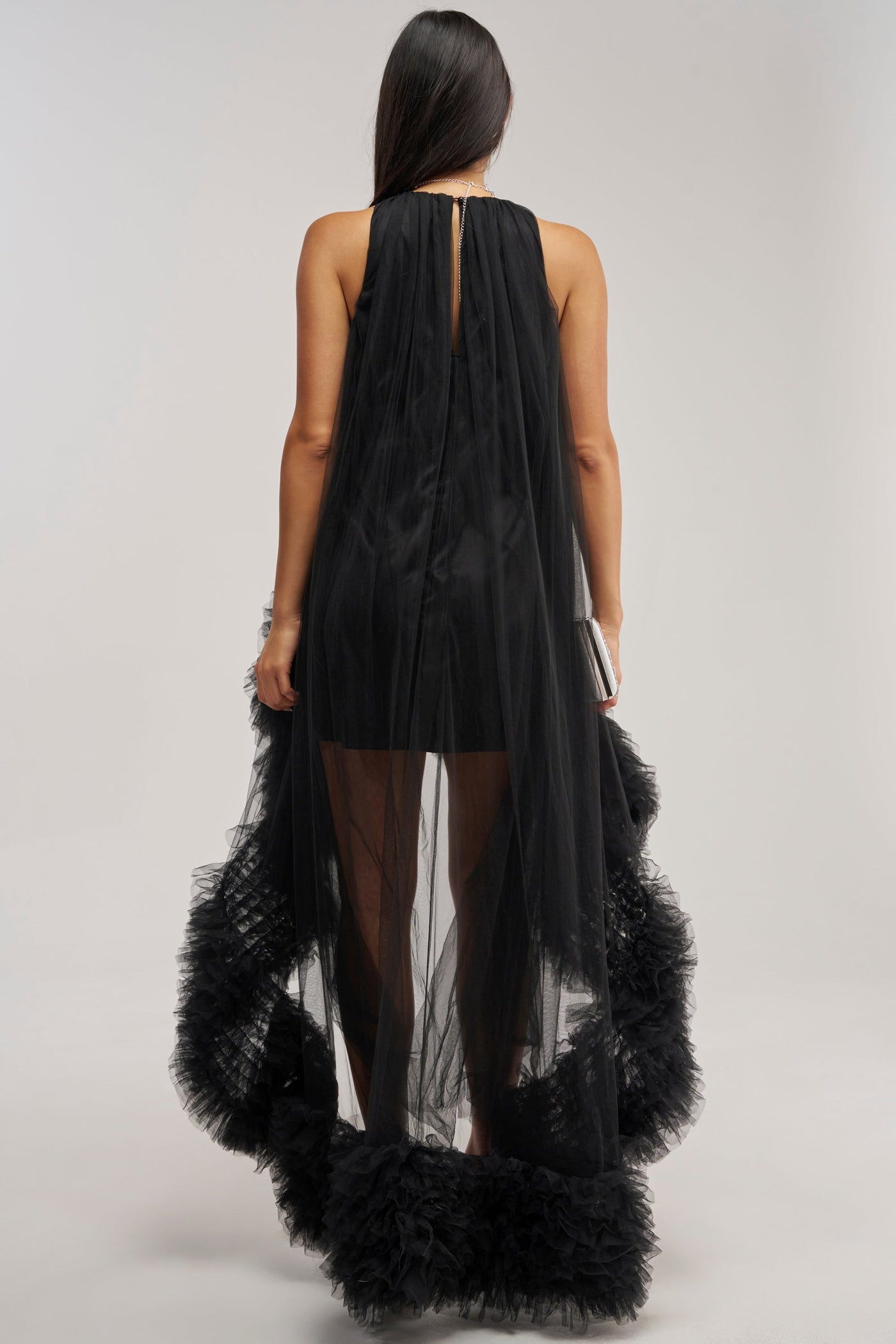 ARI TULLE RUFFLE HIGH LOW DRESS IN BLACK
