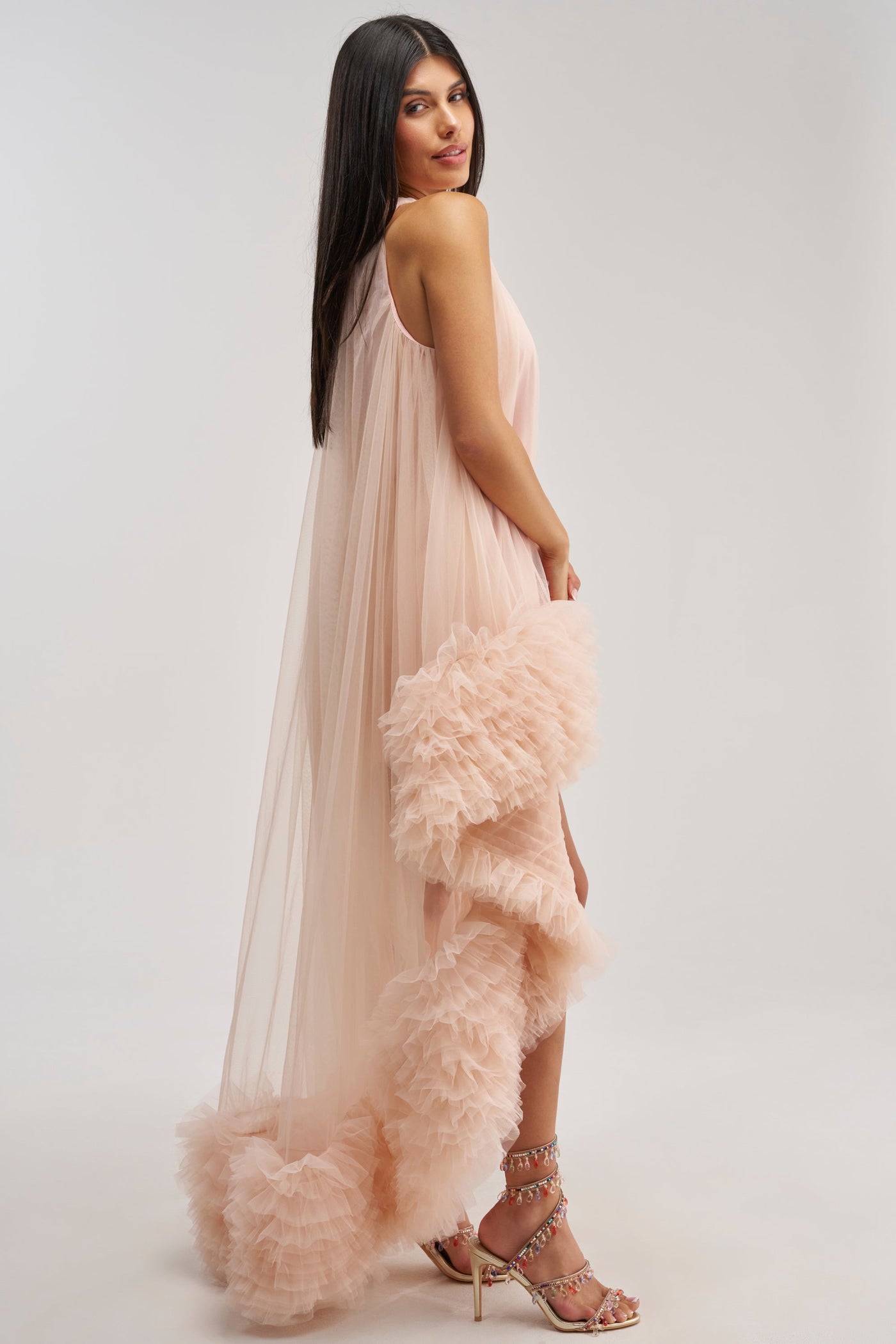 ARI TULLE RUFFLE HIGH LOW MINI DRESS IN BLUSH