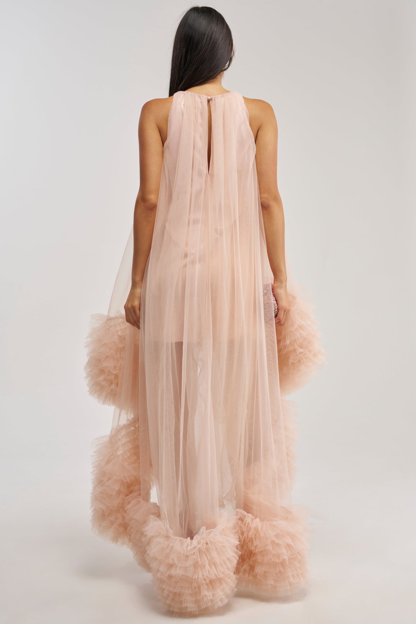ARI TULLE RUFFLE HIGH LOW MINI DRESS IN BLUSH