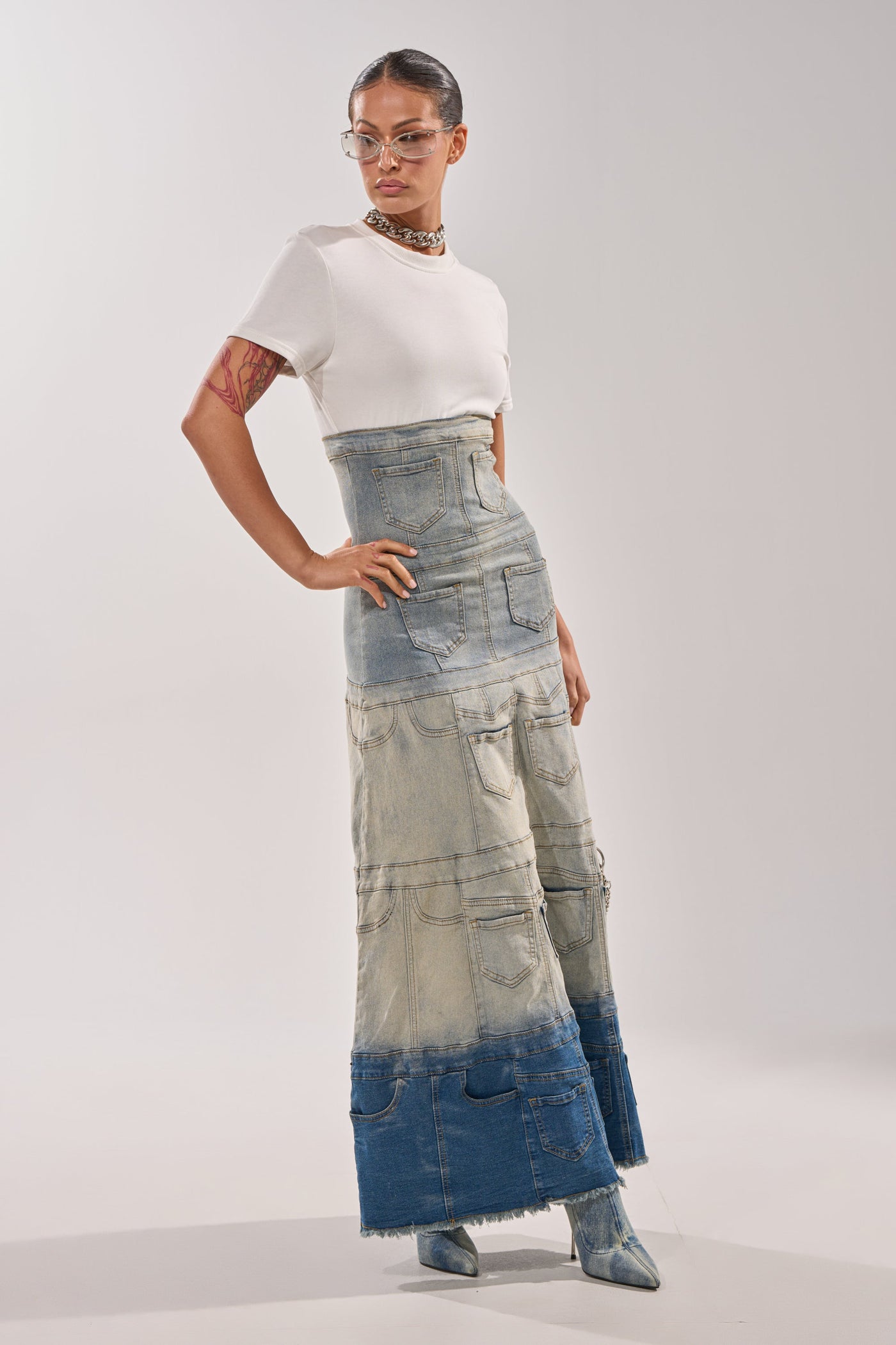 DENIM ON DENIM LAYERED MAXI DRESS