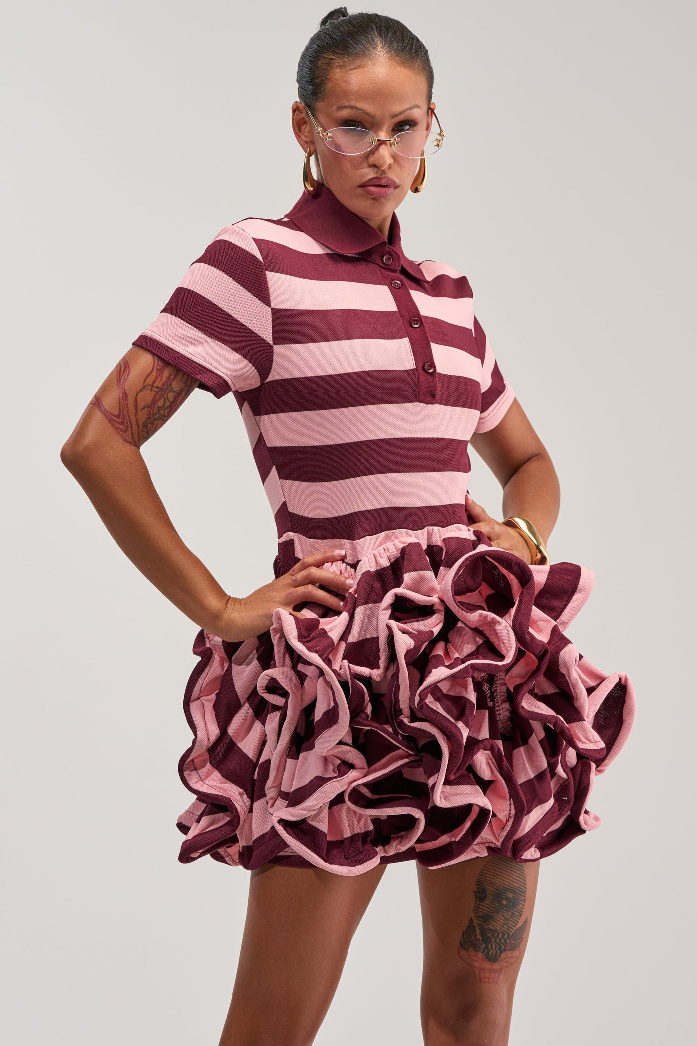 OFFICE SIREN STRIPED SHIRT DRESS IN BURGUNDY