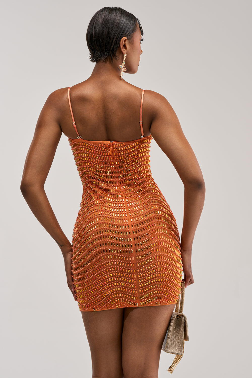 SHINE ON RHINESTONE MINI DRESS IN ORANGE