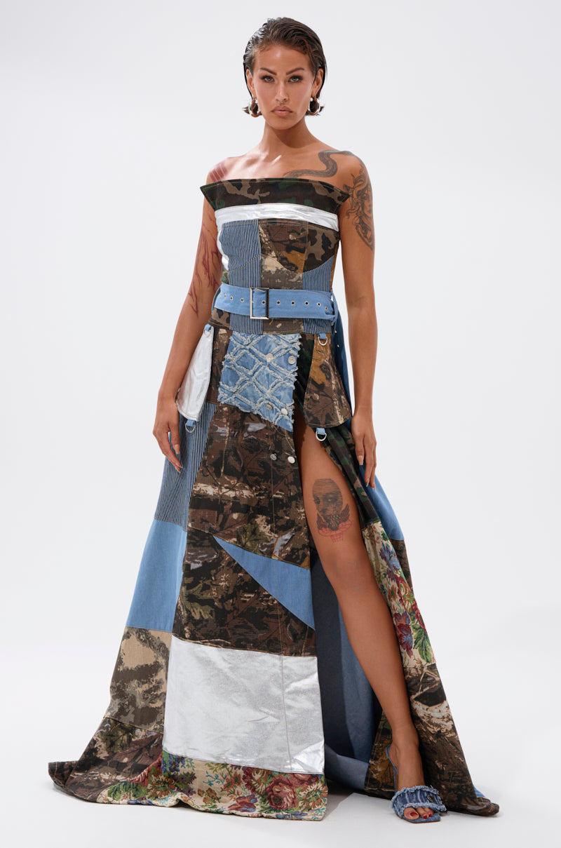STRAPLESS TRENCH MAXI DRESS WITH PATCHWORK DETAIL