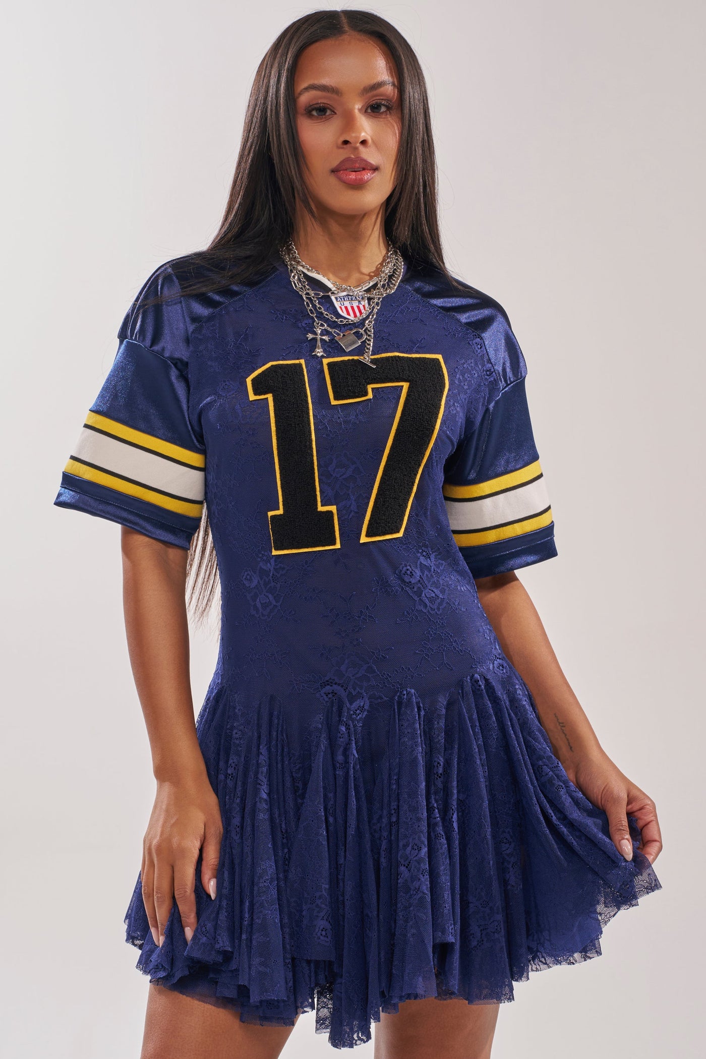 VARSITY BLUES LACE MINI DRESS