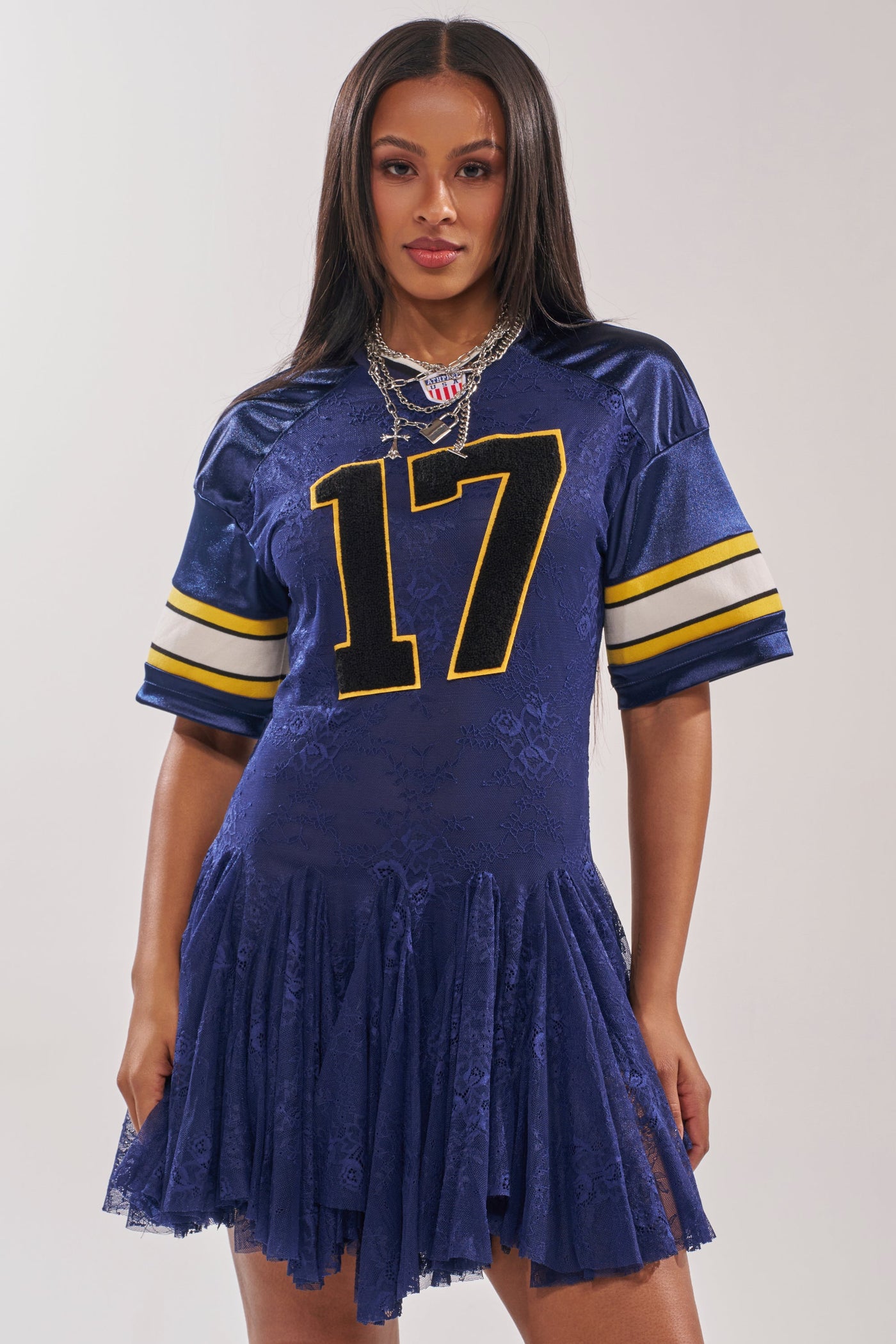 VARSITY BLUES LACE MINI DRESS