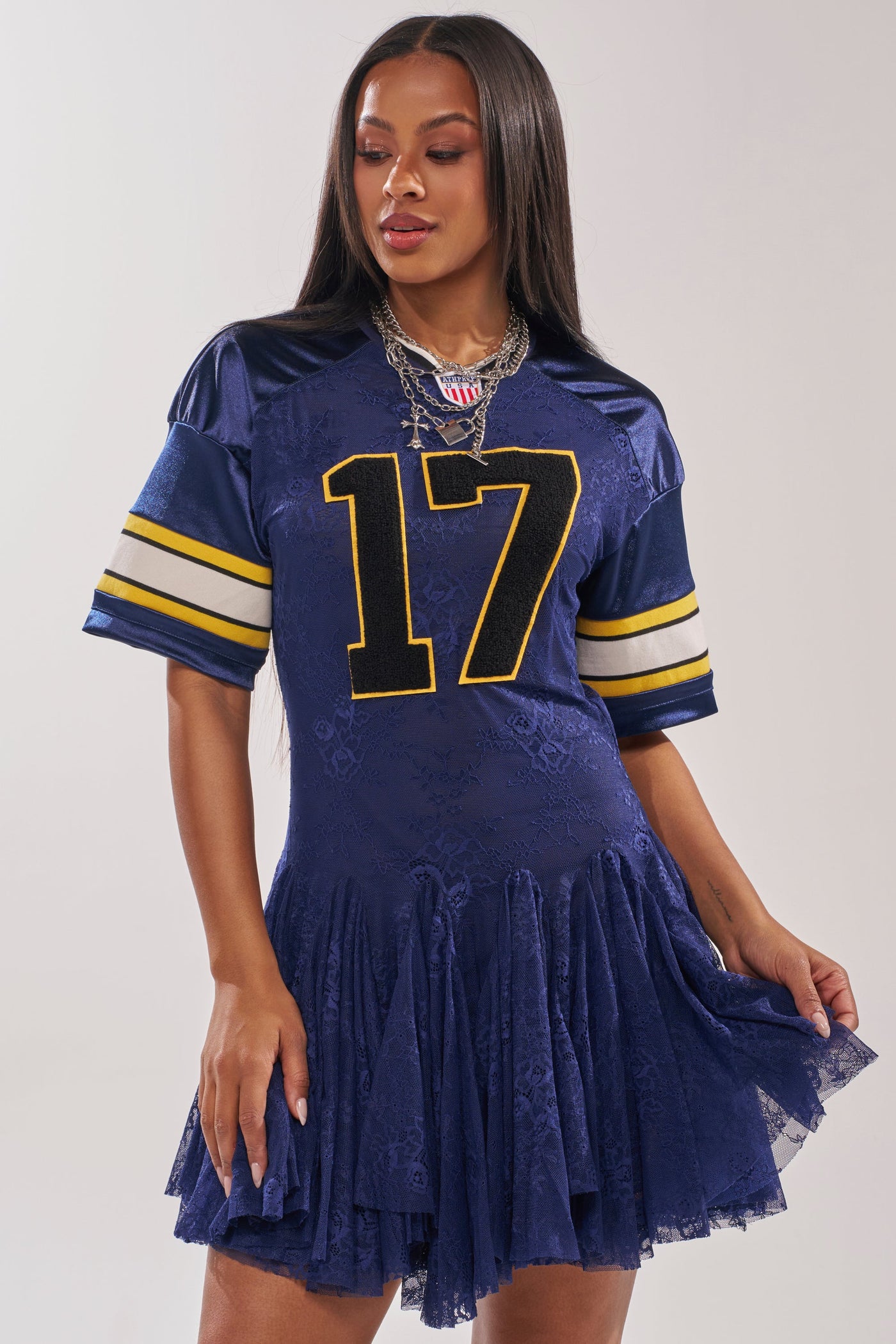VARSITY BLUES LACE MINI DRESS