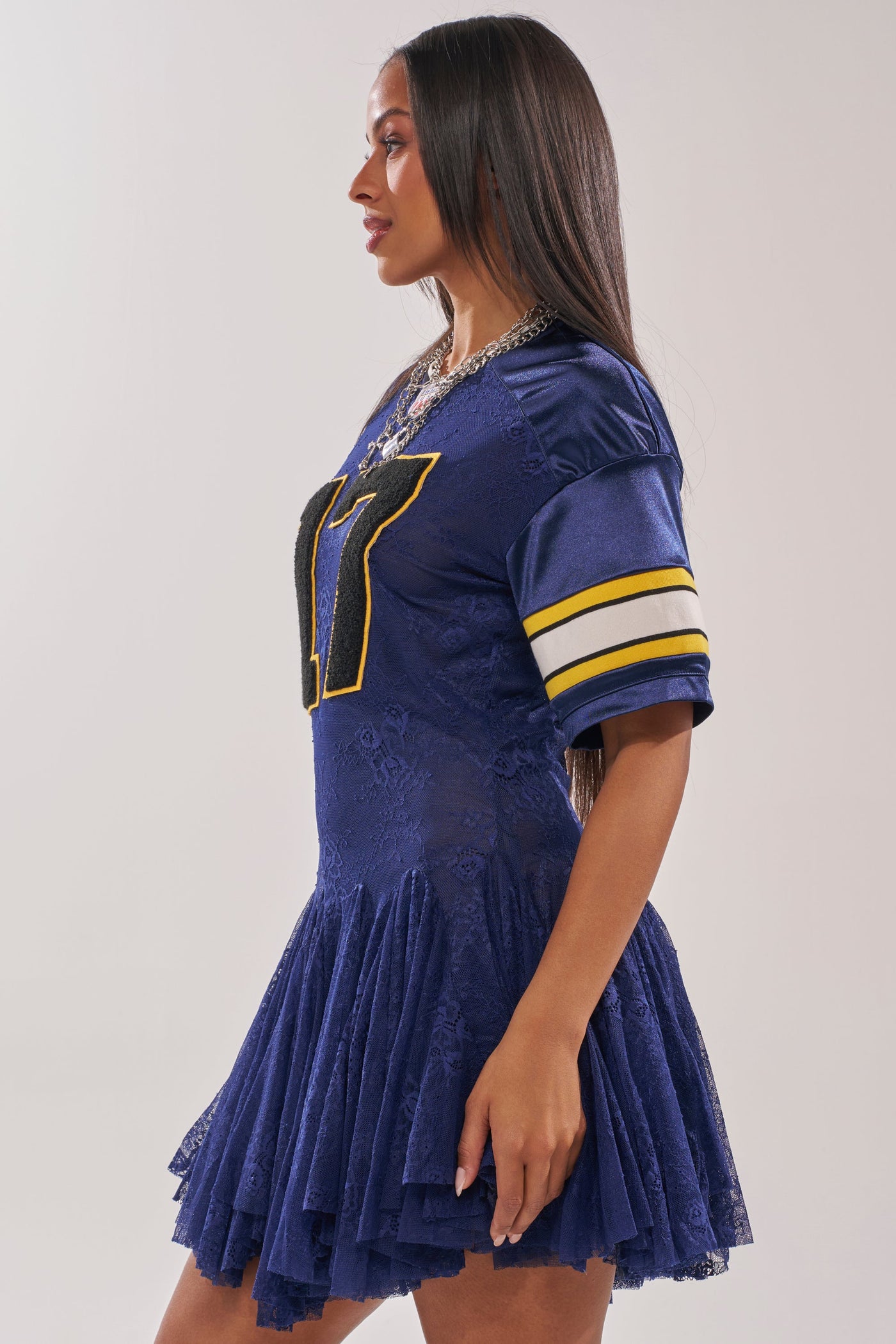 VARSITY BLUES LACE MINI DRESS