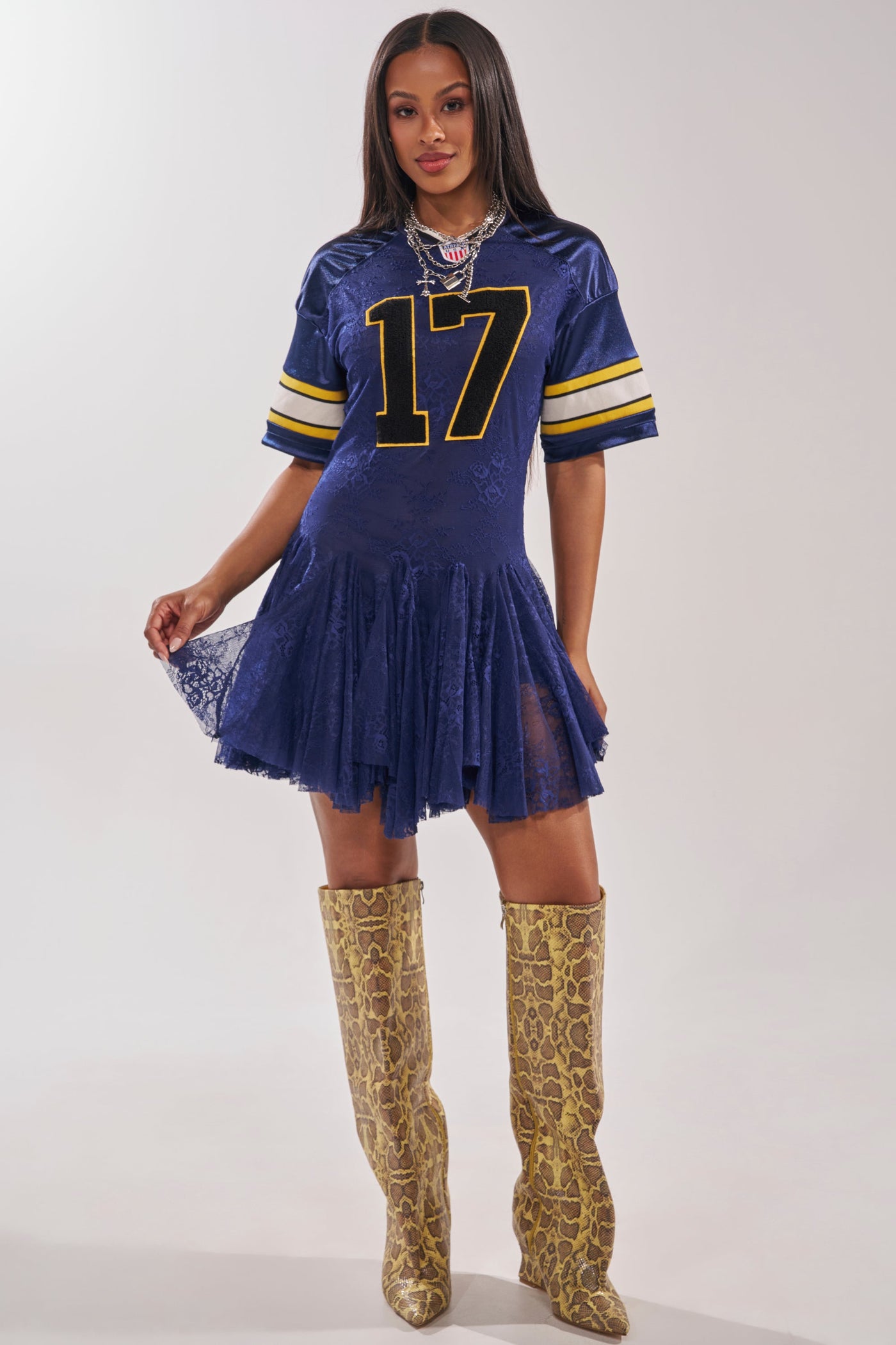 VARSITY BLUES LACE MINI DRESS