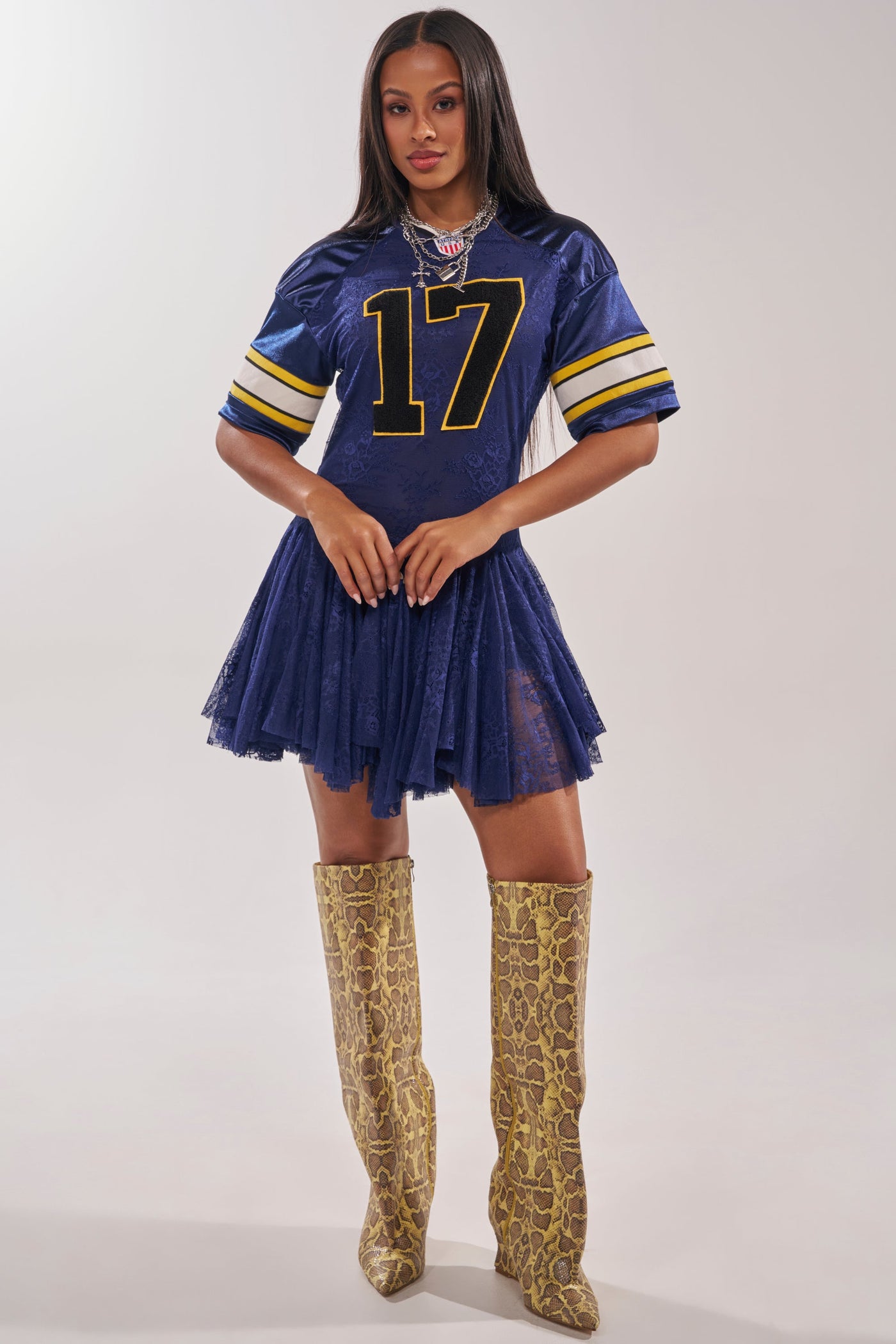 VARSITY BLUES LACE MINI DRESS