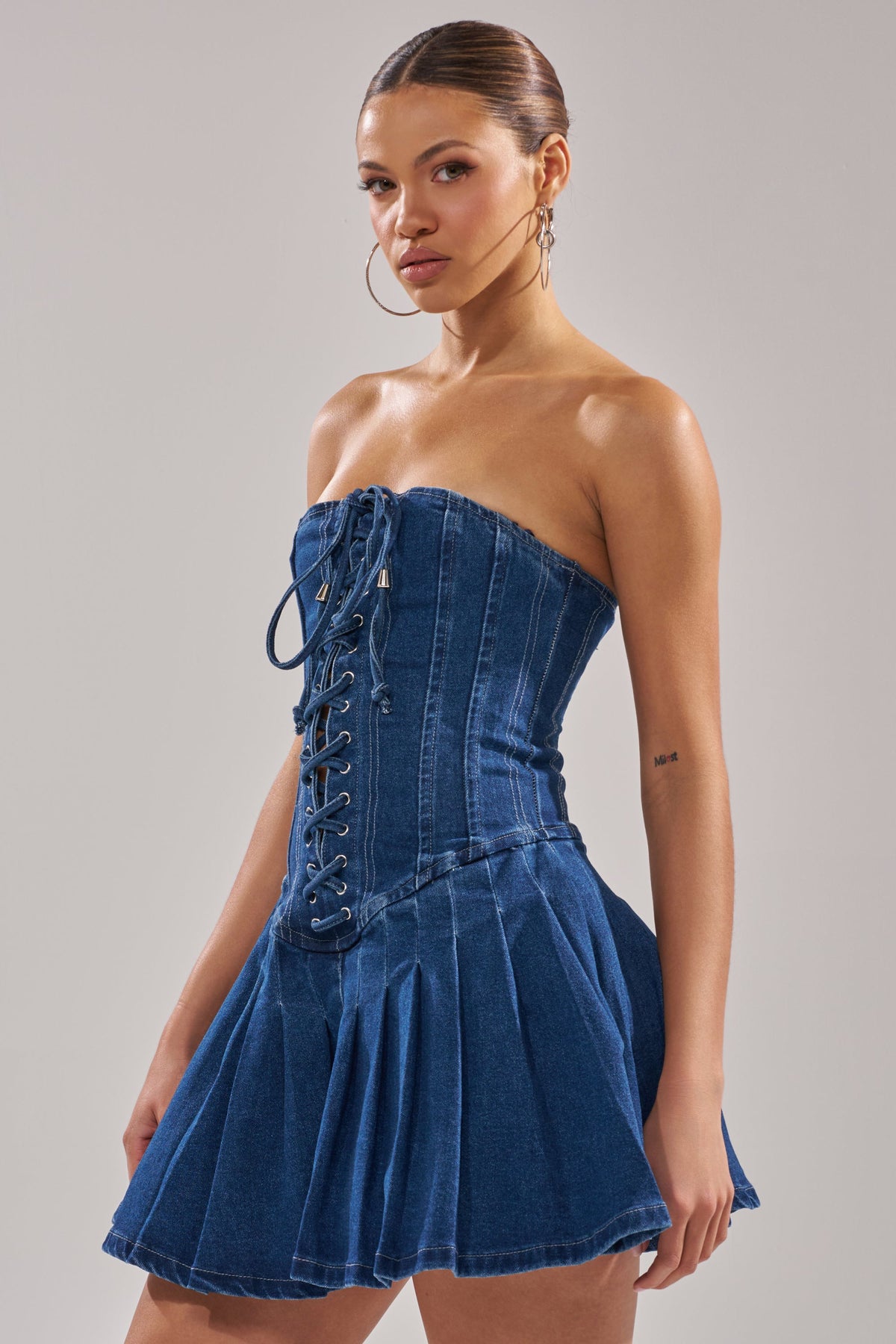 LACE ME UP DENIM MINI DRESS