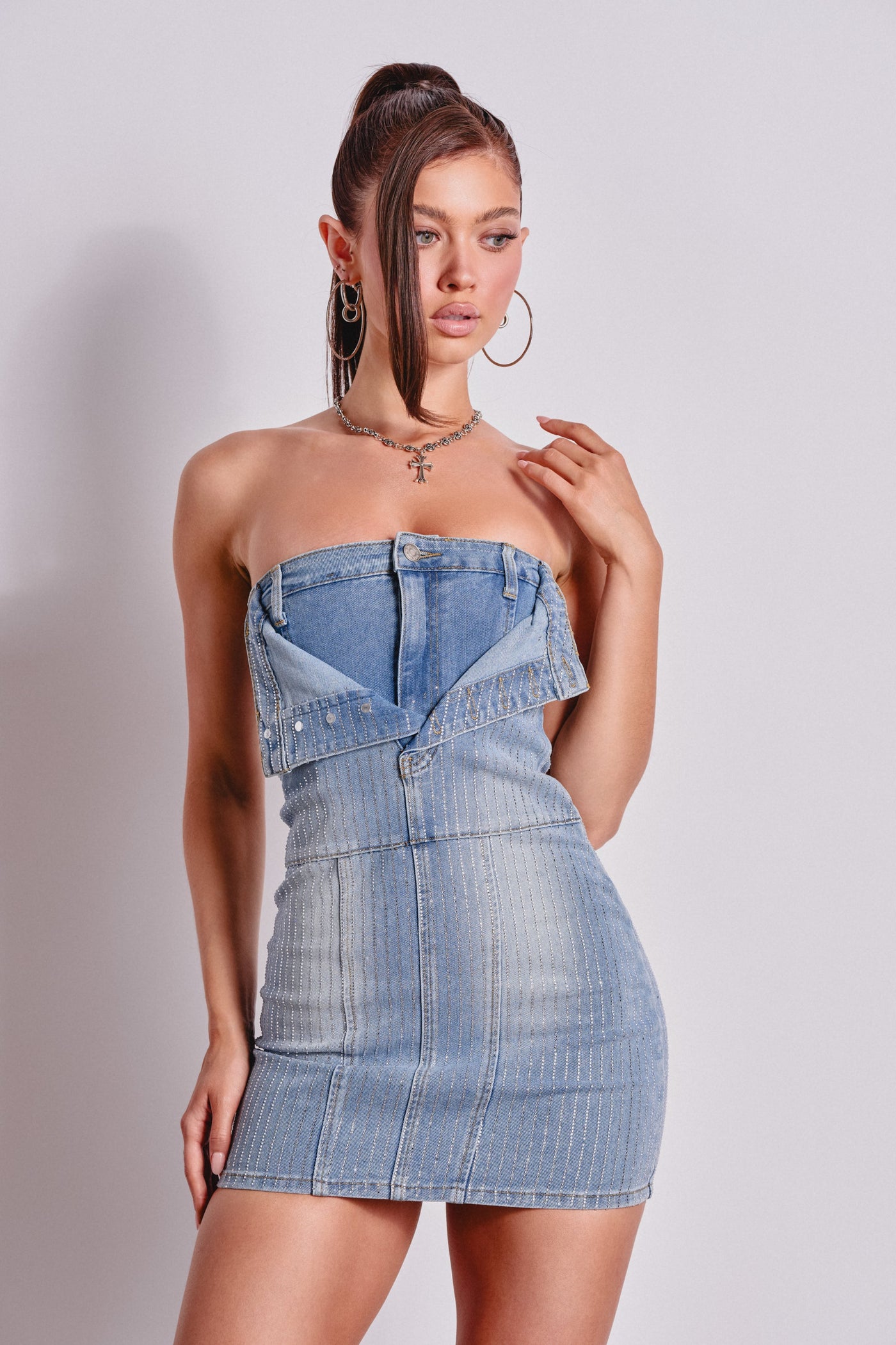 BUTTONED UP BEDAZZLED MINI DENIM DRESS