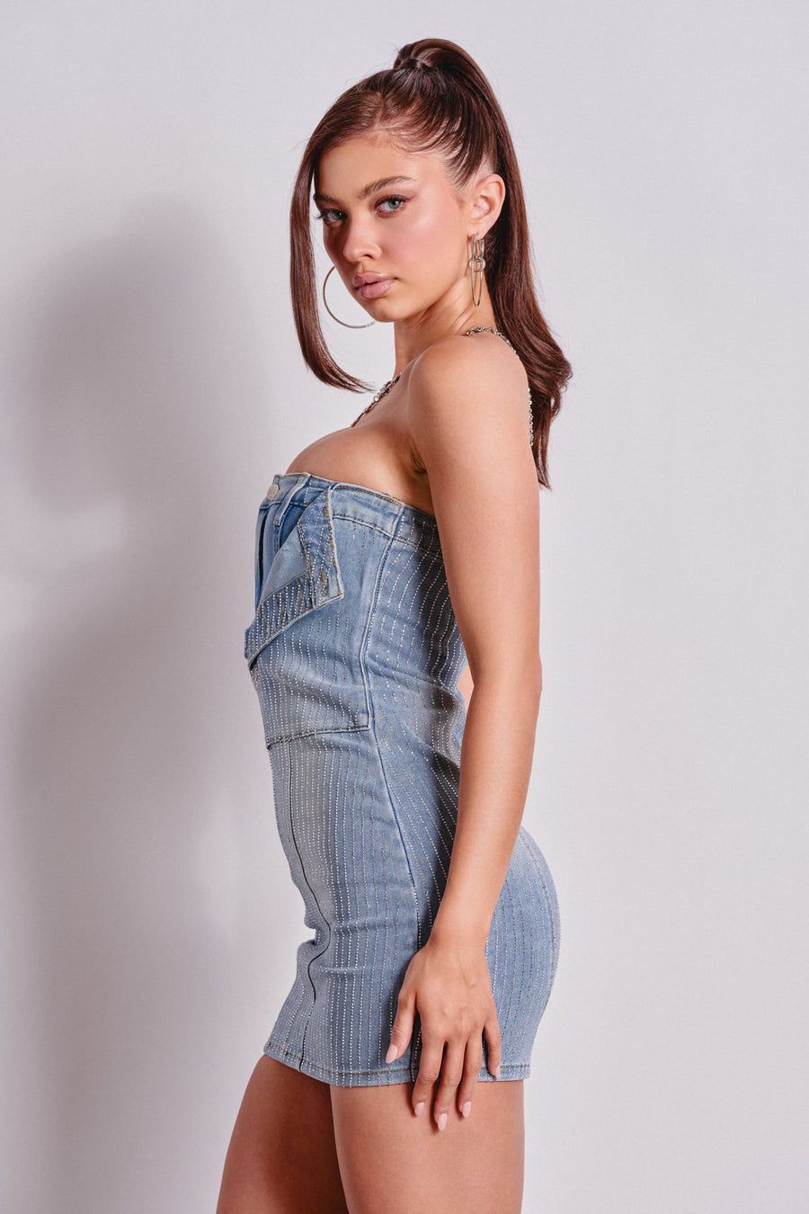 BUTTONED UP BEDAZZLED MINI DENIM DRESS