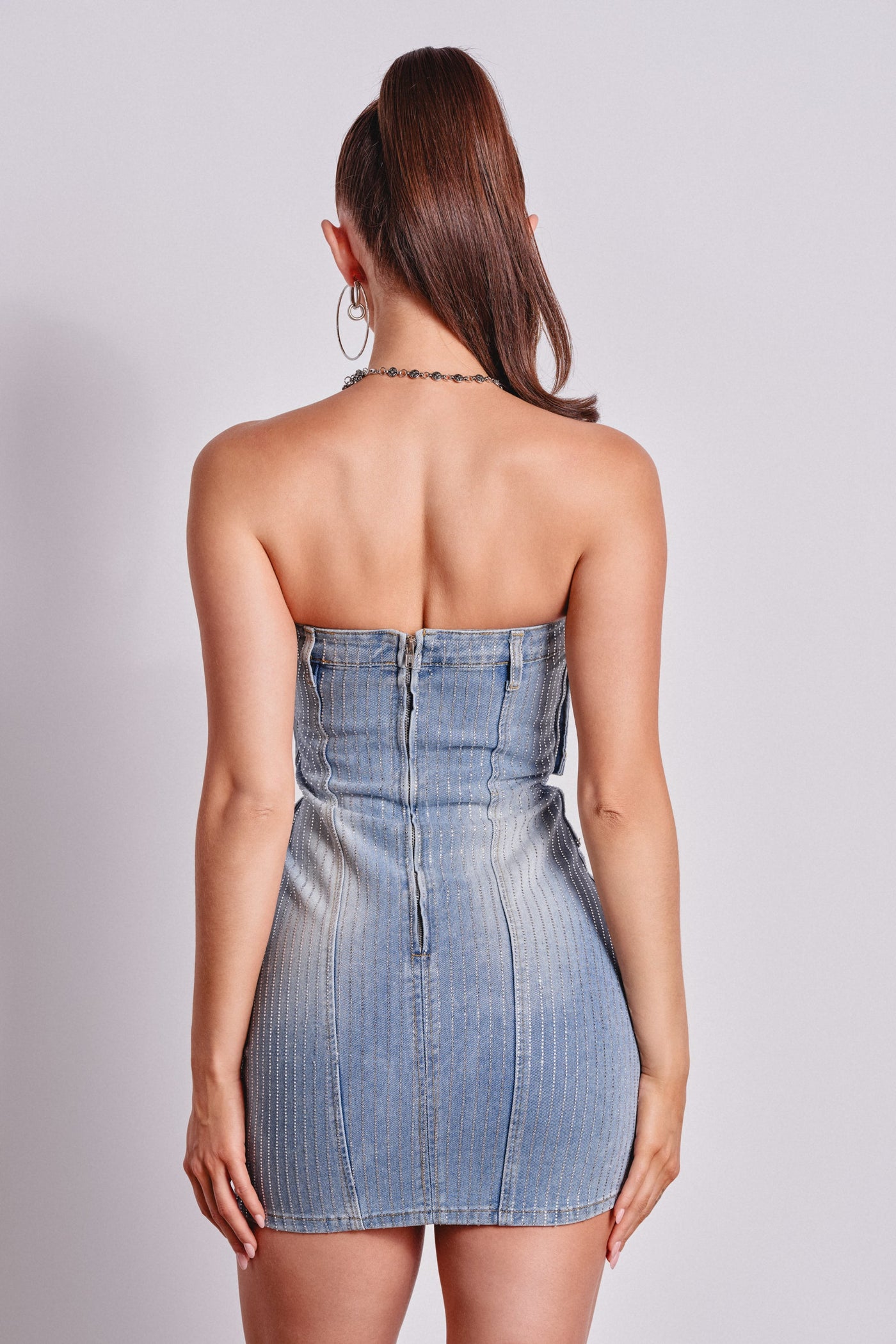 BUTTONED UP BEDAZZLED MINI DENIM DRESS