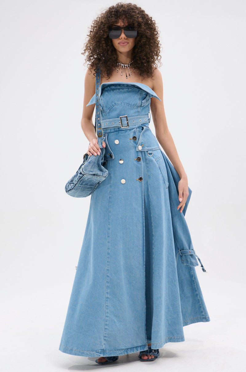 STRAPLESS TRENCH MAXI DRESS IN DENIM