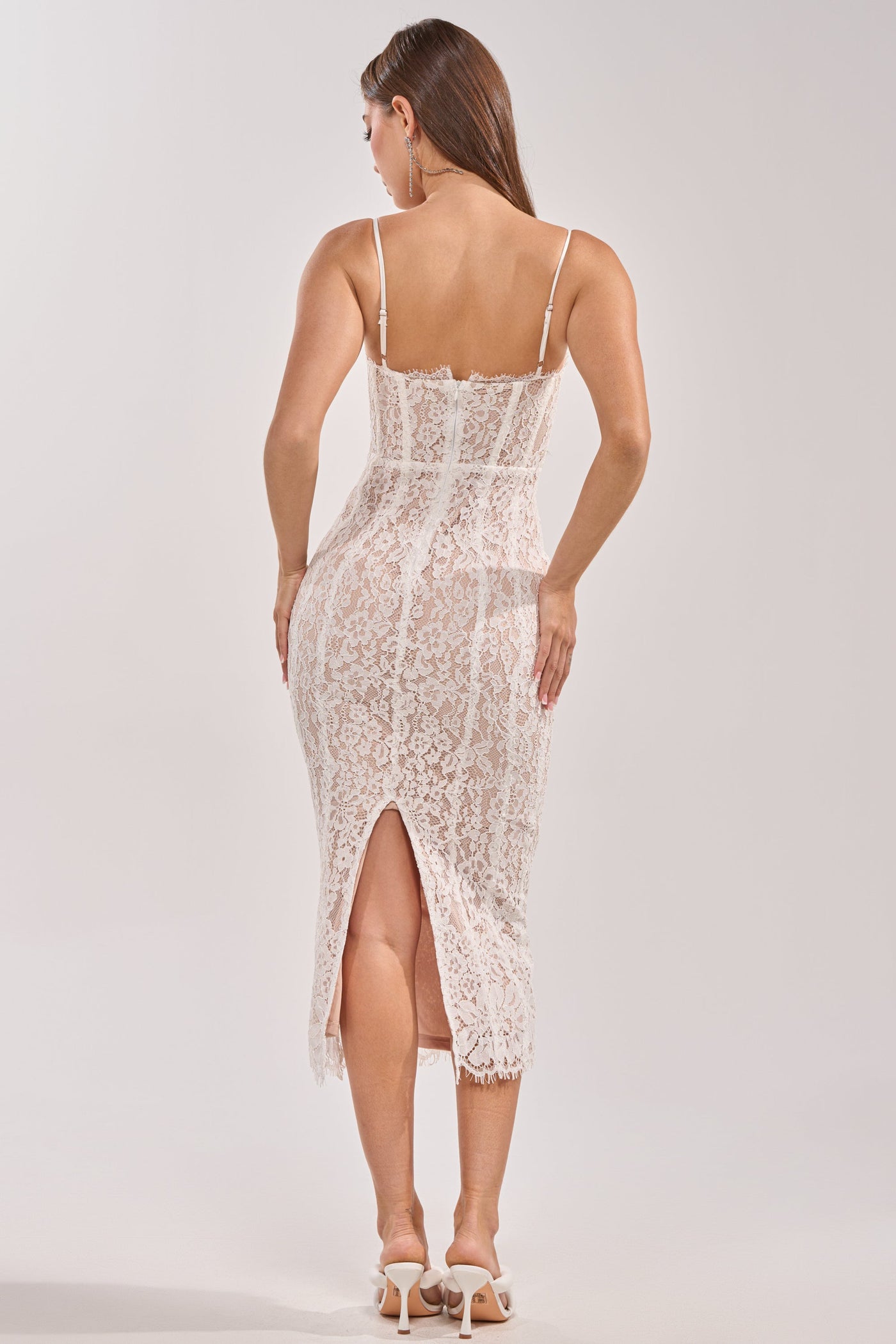ELECTRIC MUSE LACE MIDI DRESS IN WHITE