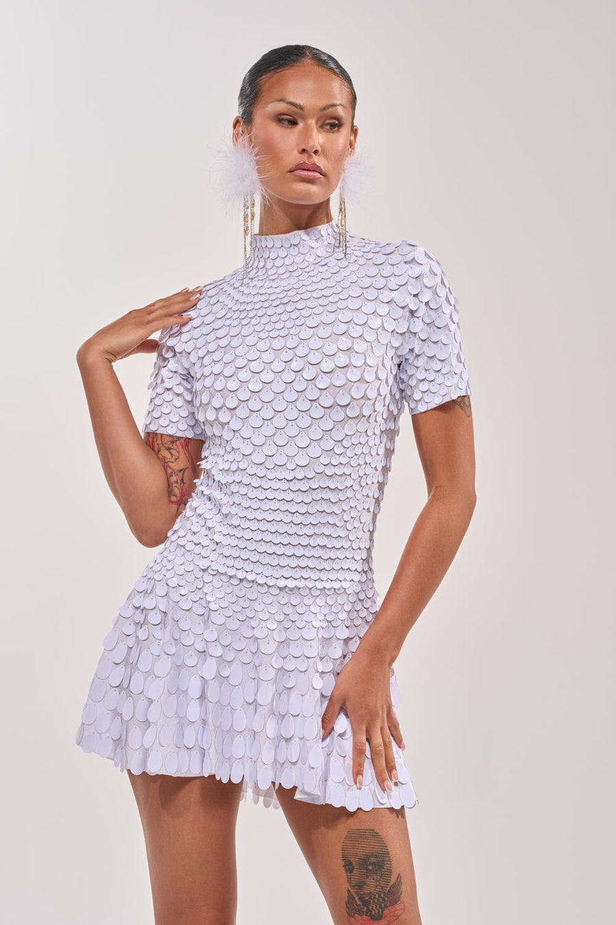 FAR FROM BASIC SEQUIN MINI DRESS IN WHITE
