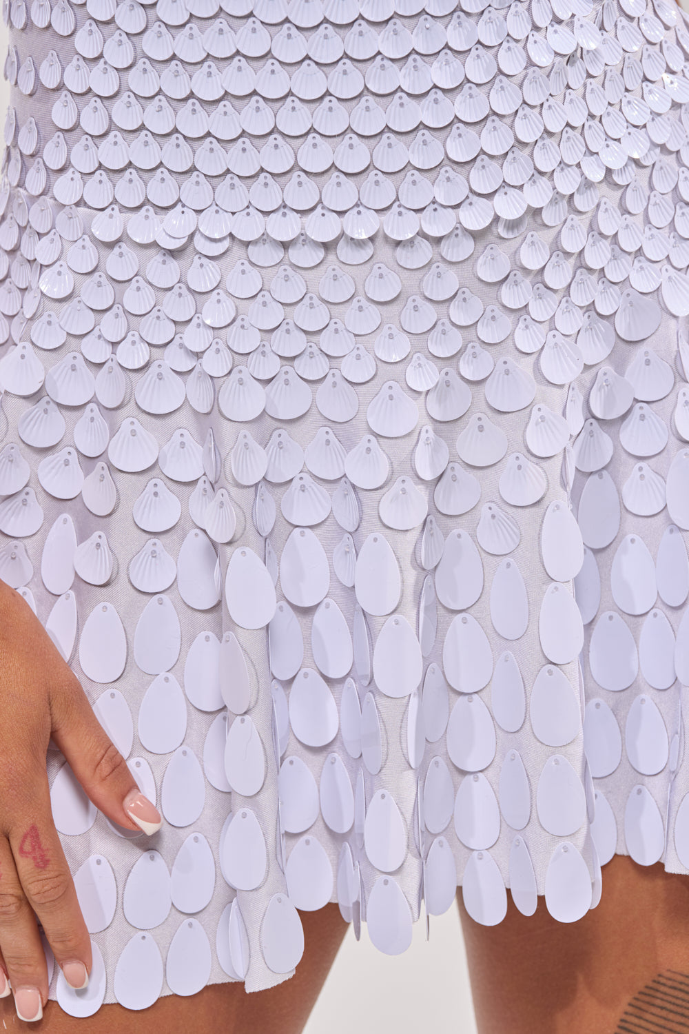 FAR FROM BASIC SEQUIN MINI DRESS IN WHITE