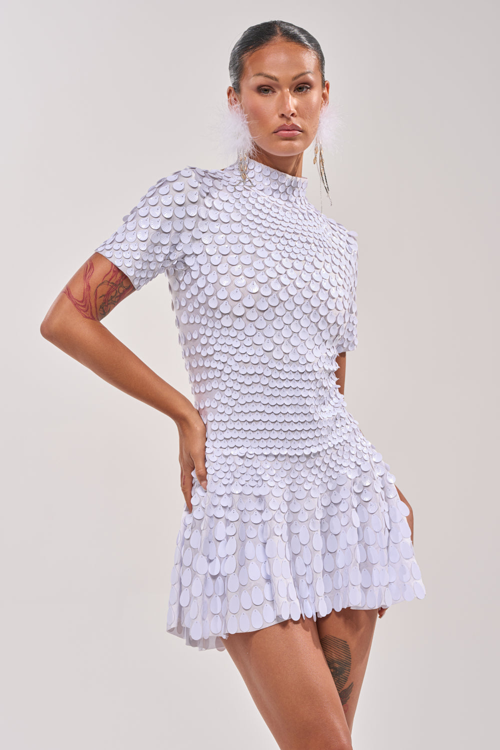 FAR FROM BASIC SEQUIN MINI DRESS IN WHITE