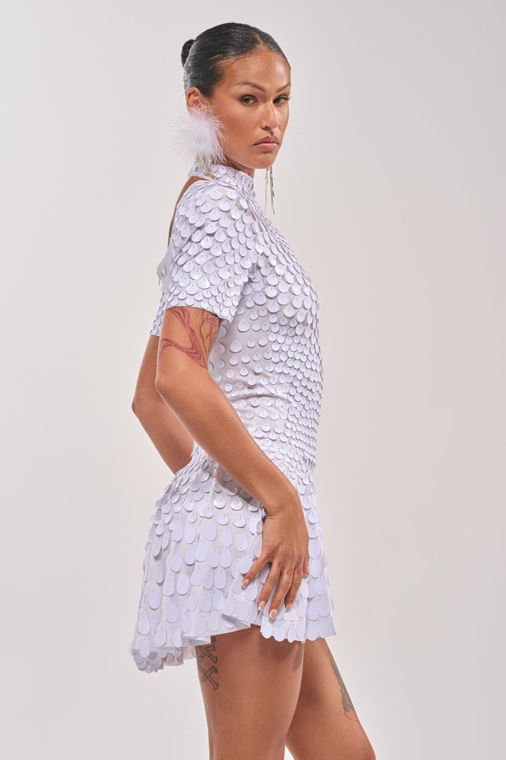 FAR FROM BASIC SEQUIN MINI DRESS IN WHITE
