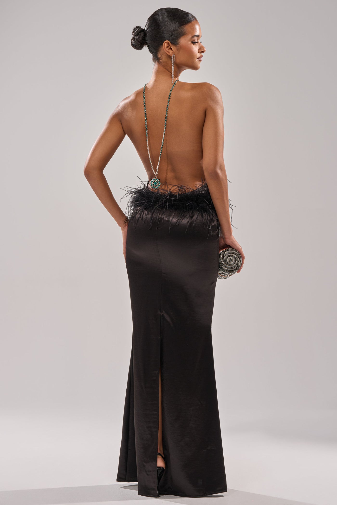 WHO IS SHE SATIN FEATHER MAXI DRESS IN BLACK
