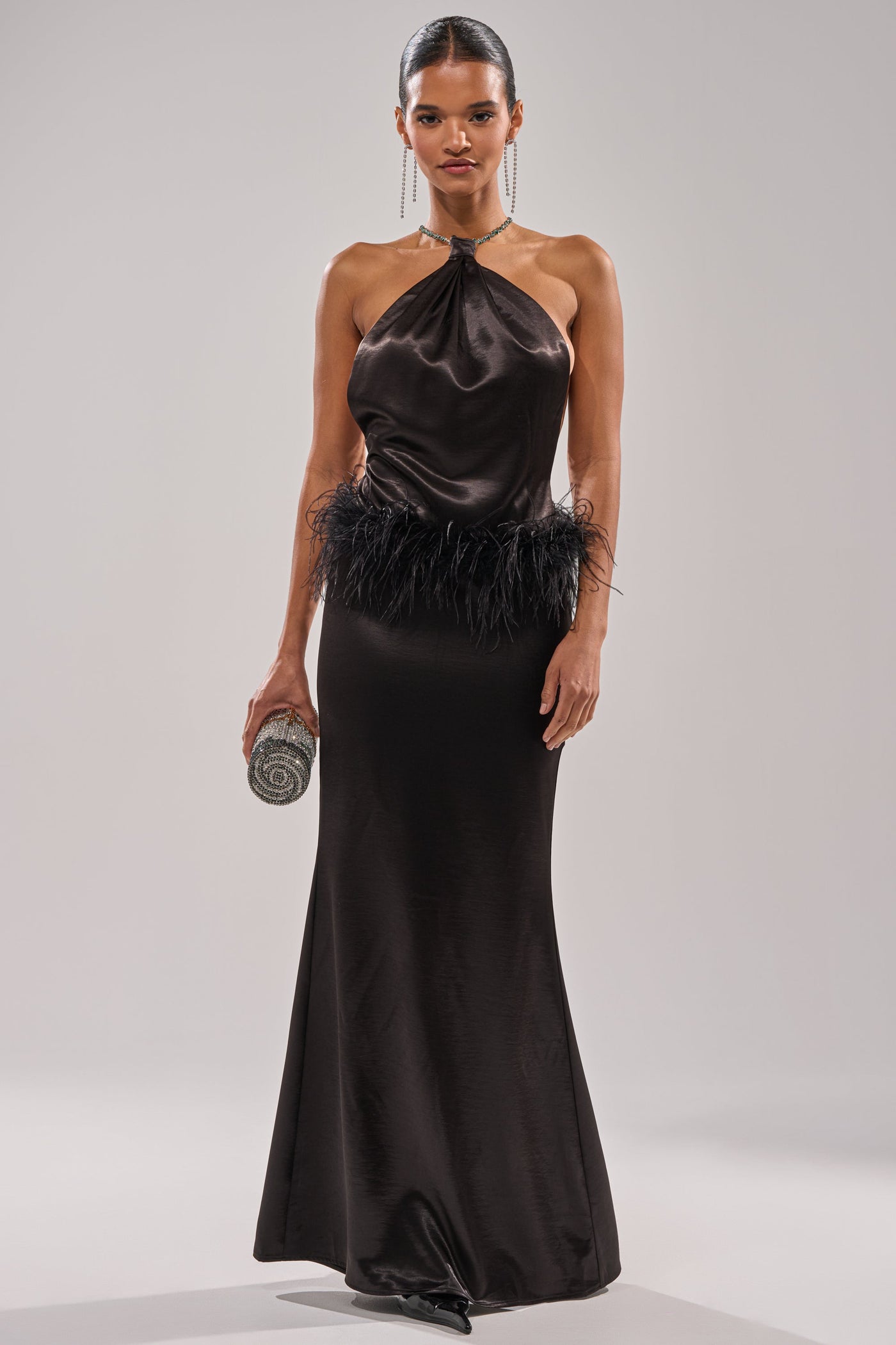 WHO IS SHE SATIN FEATHER MAXI DRESS IN BLACK