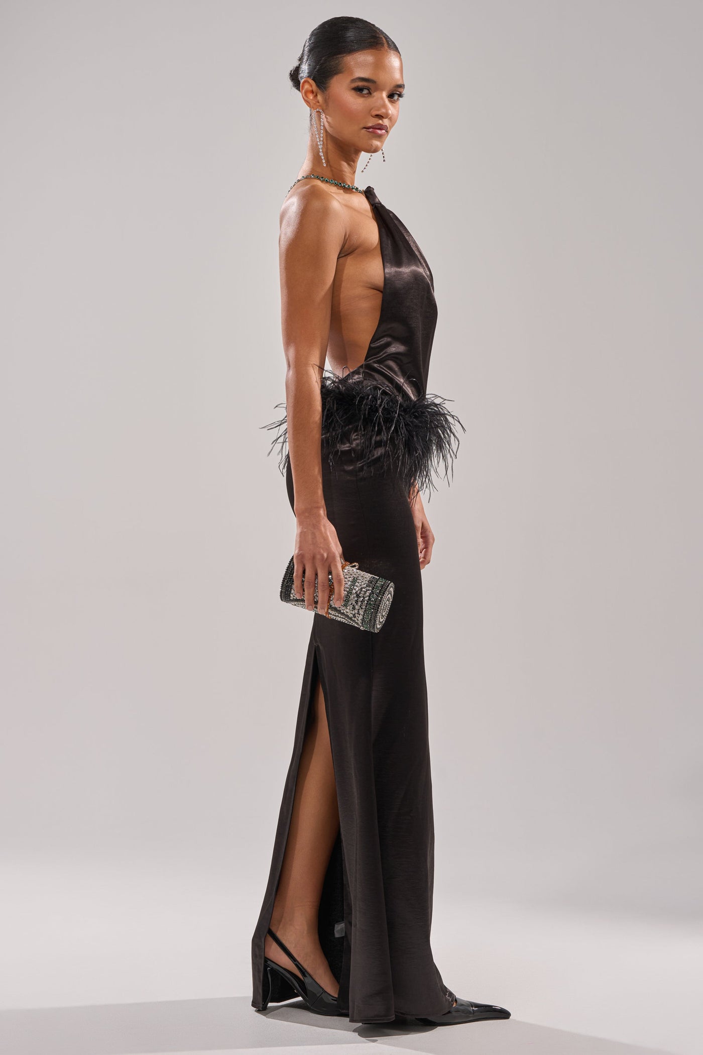 WHO IS SHE SATIN FEATHER MAXI DRESS IN BLACK
