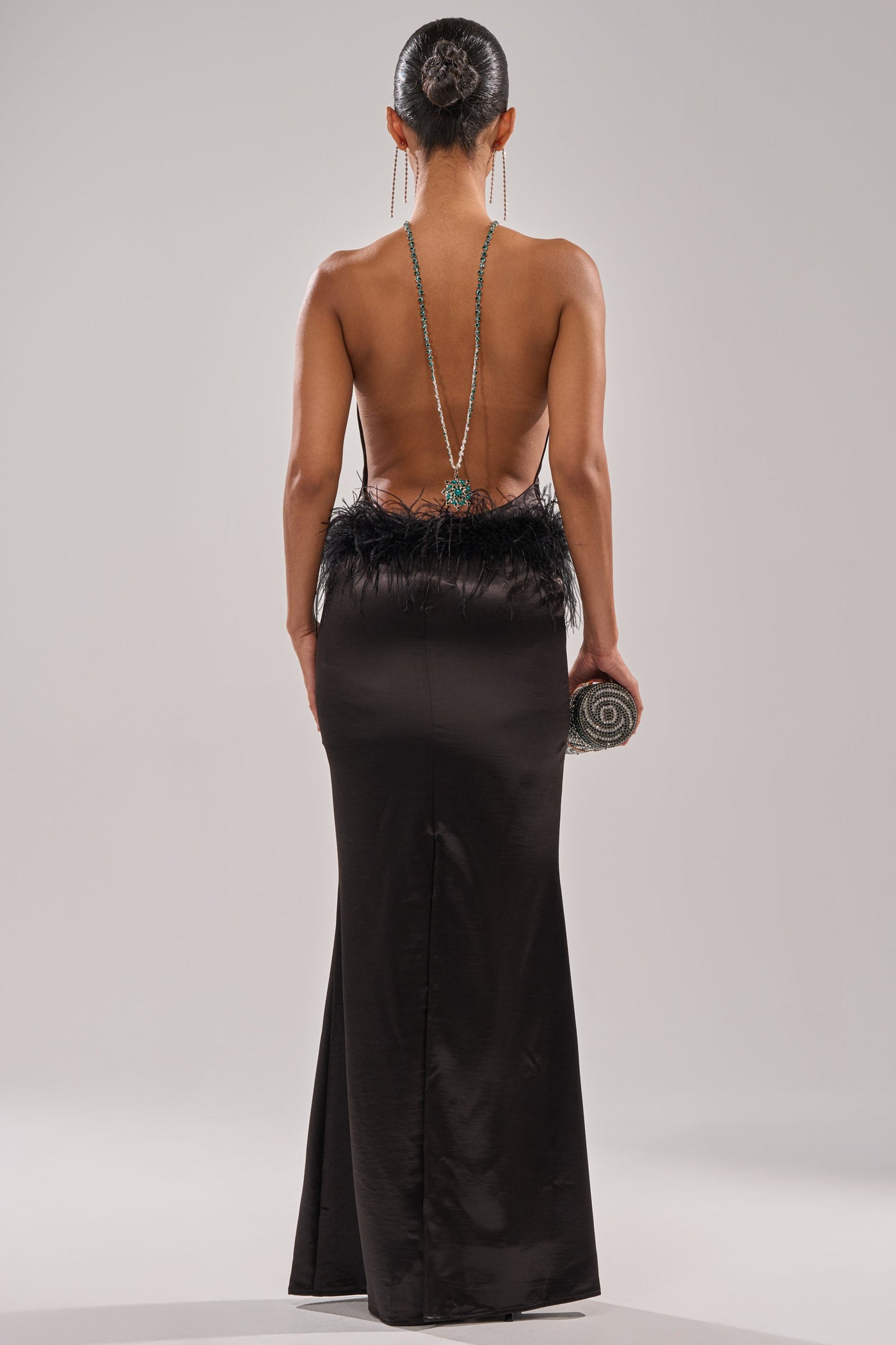 WHO IS SHE SATIN FEATHER MAXI DRESS IN BLACK