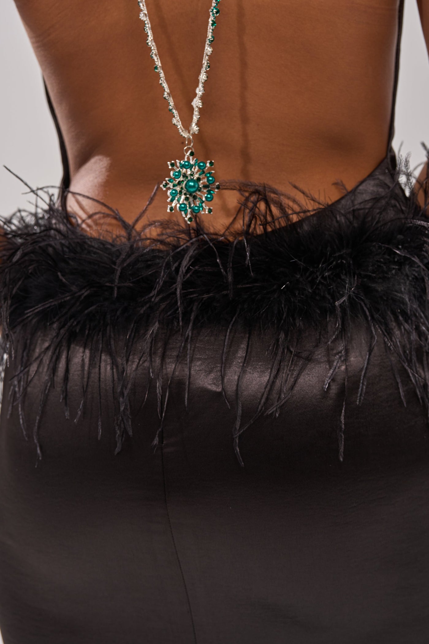 WHO IS SHE SATIN FEATHER MAXI DRESS IN BLACK