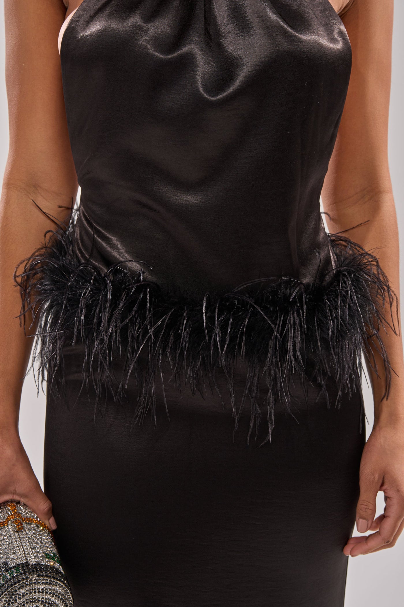 WHO IS SHE SATIN FEATHER MAXI DRESS IN BLACK