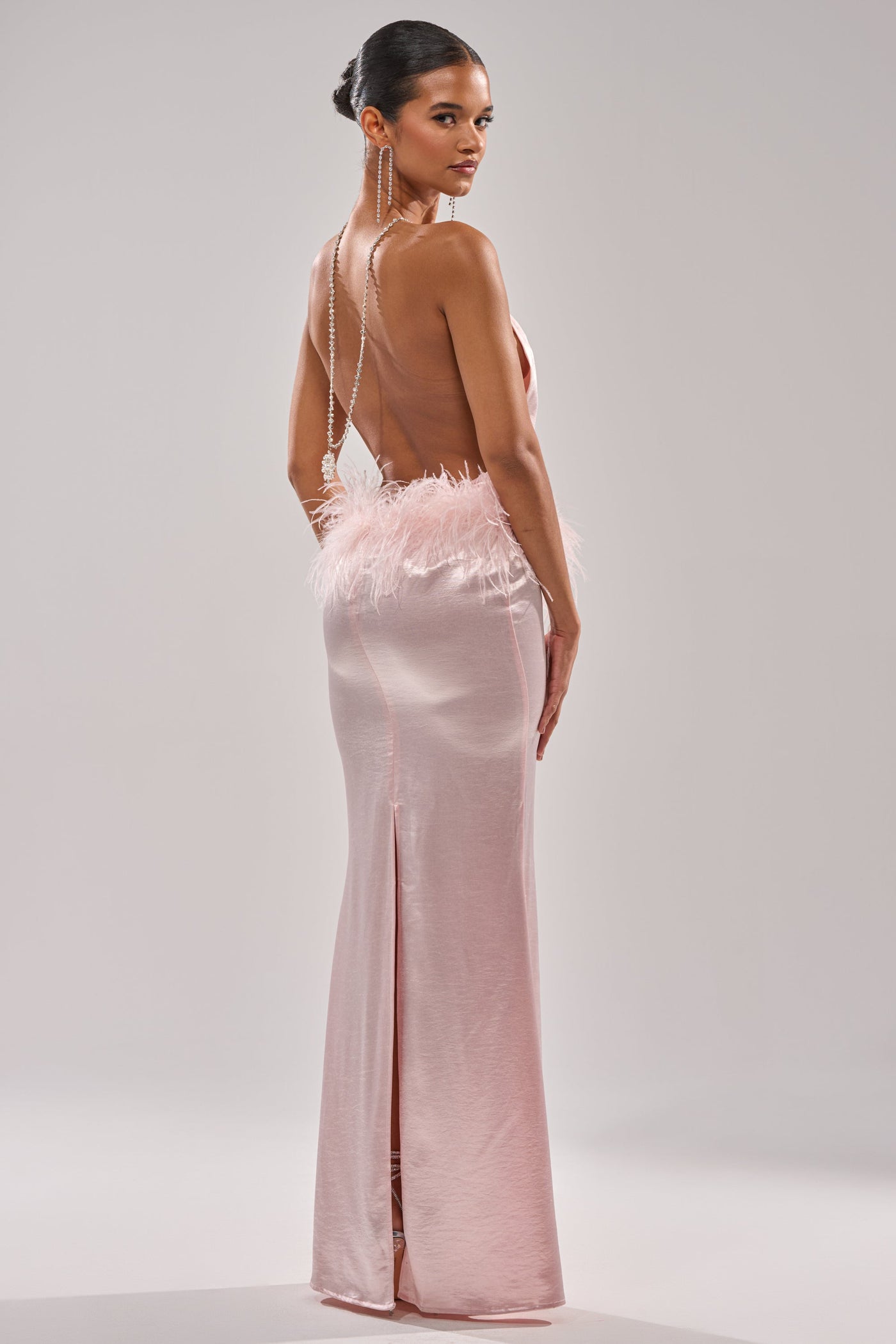 WHO IS SHE SATIN FEATHER MAXI DRESS
