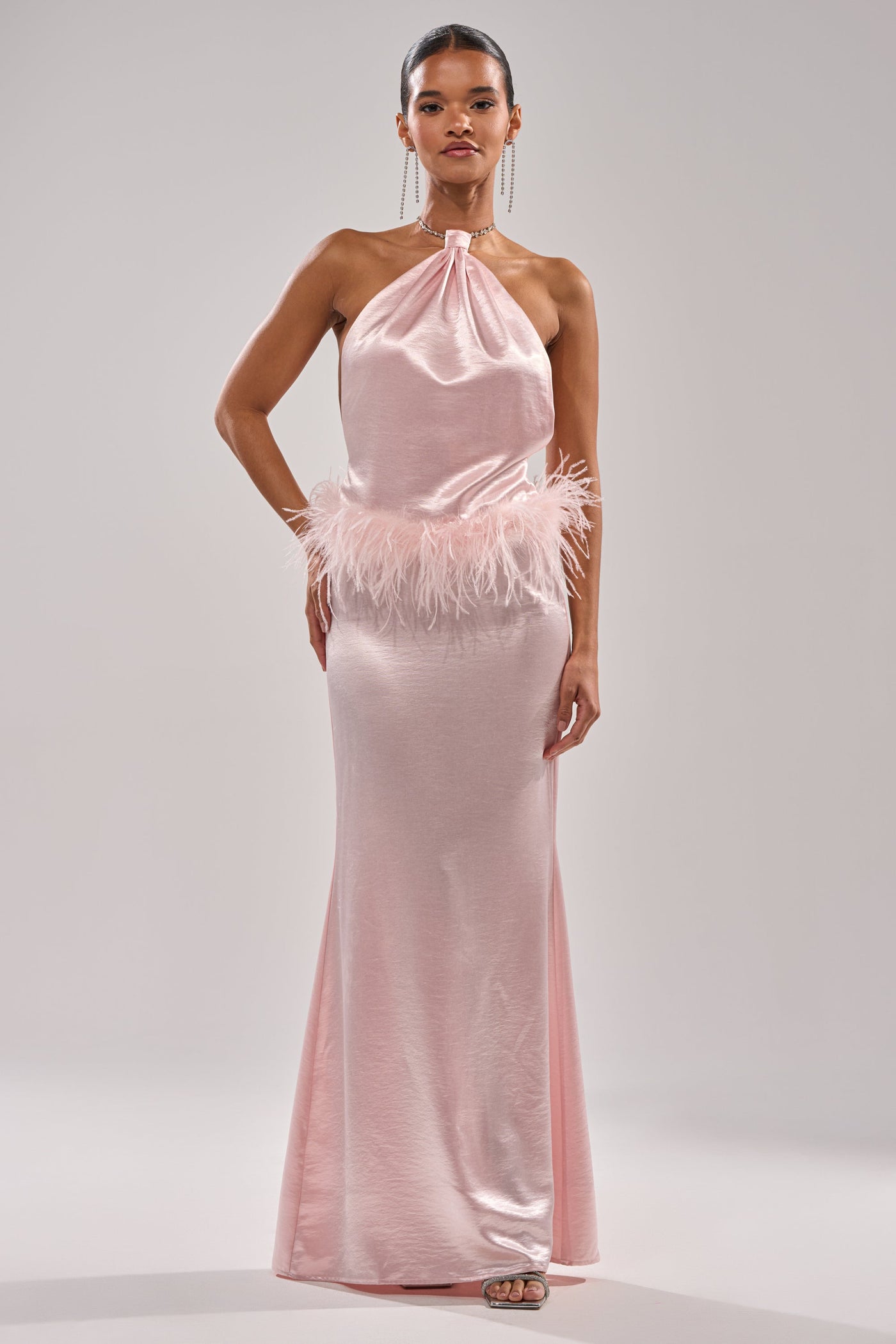WHO IS SHE SATIN FEATHER MAXI DRESS
