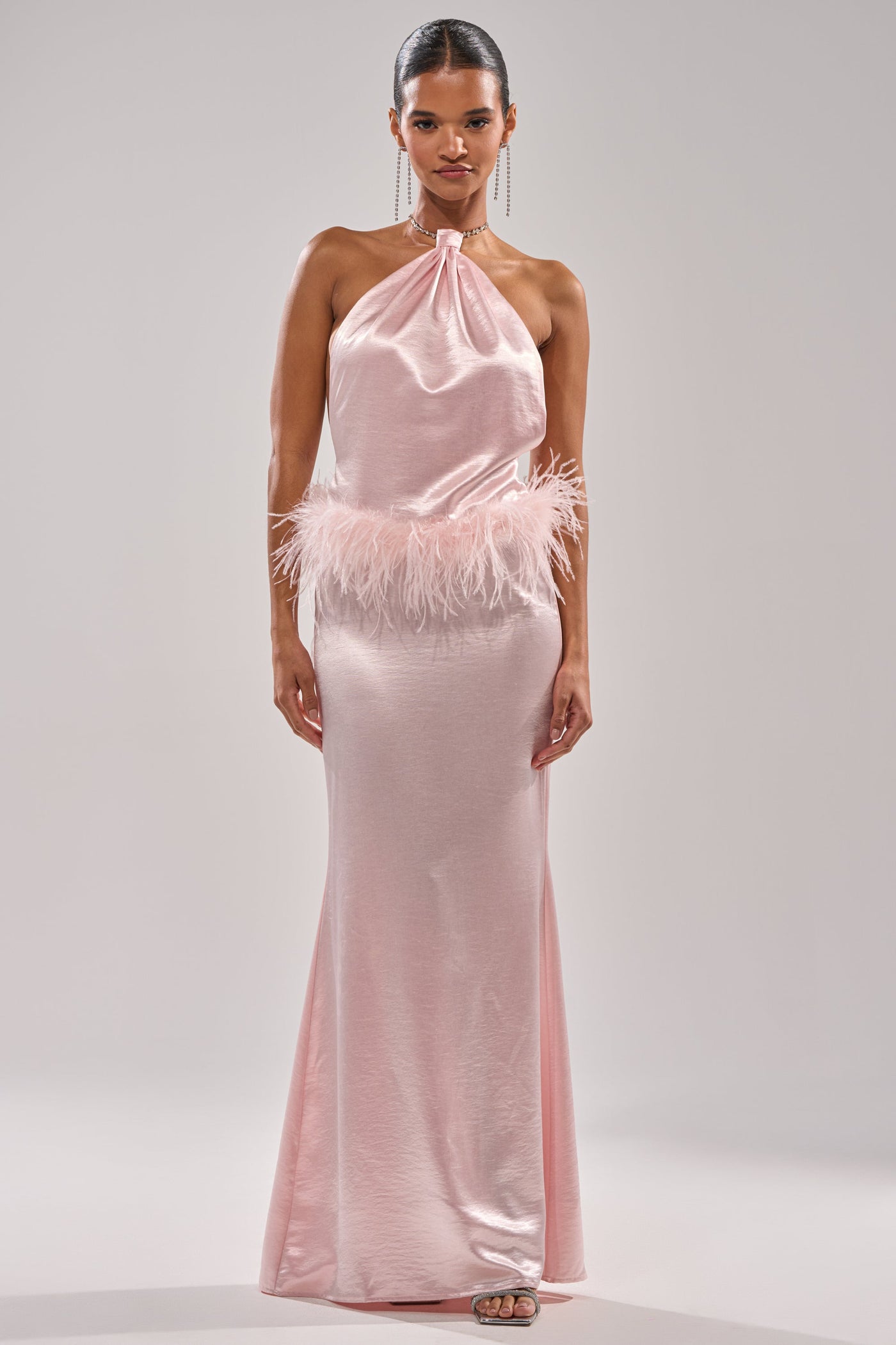 WHO IS SHE SATIN FEATHER MAXI DRESS