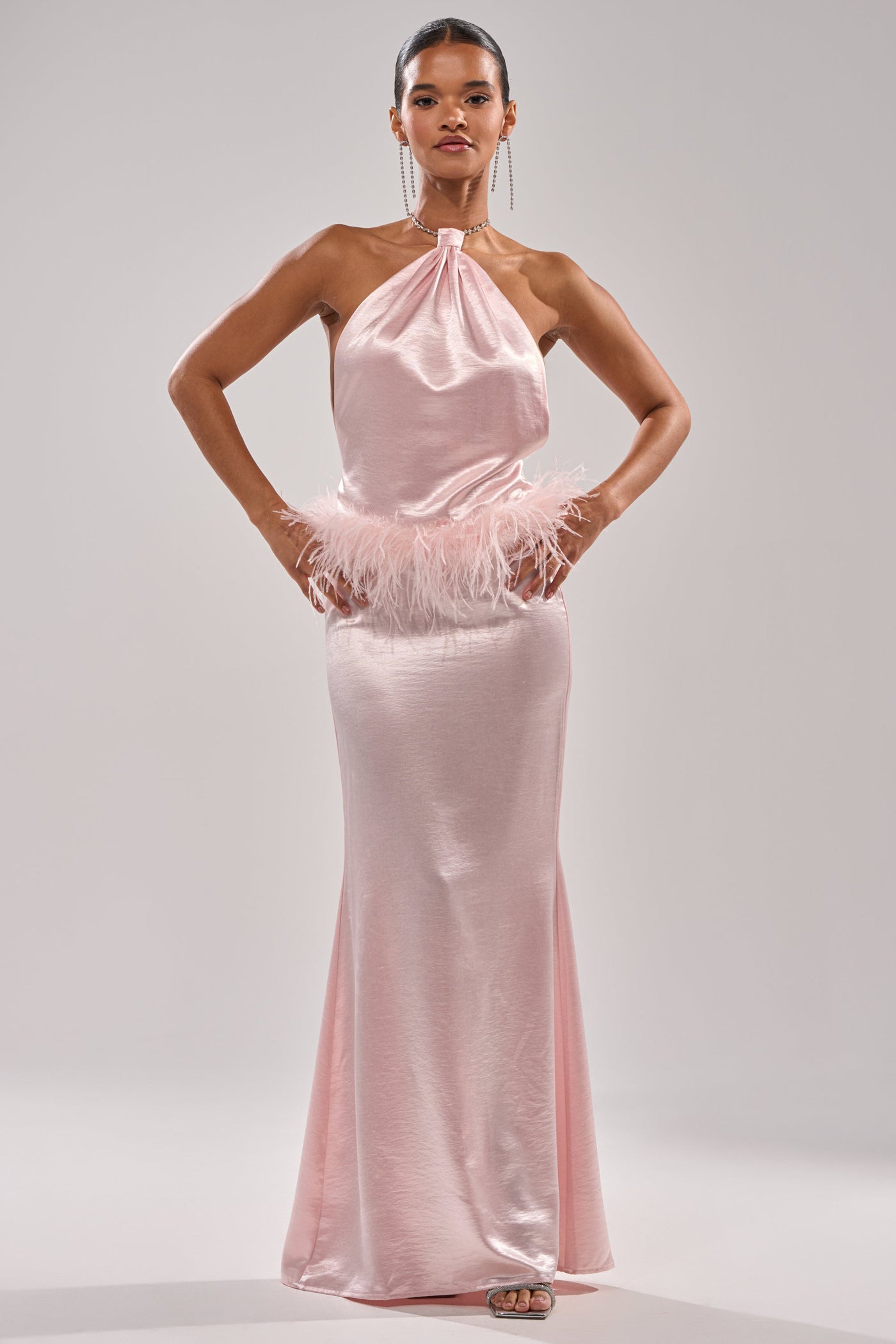 WHO IS SHE SATIN FEATHER MAXI DRESS
